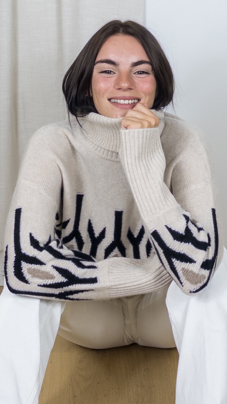 PULL COL ROULE DESSIN INCAS ESTHEME HP3307H BEIGE