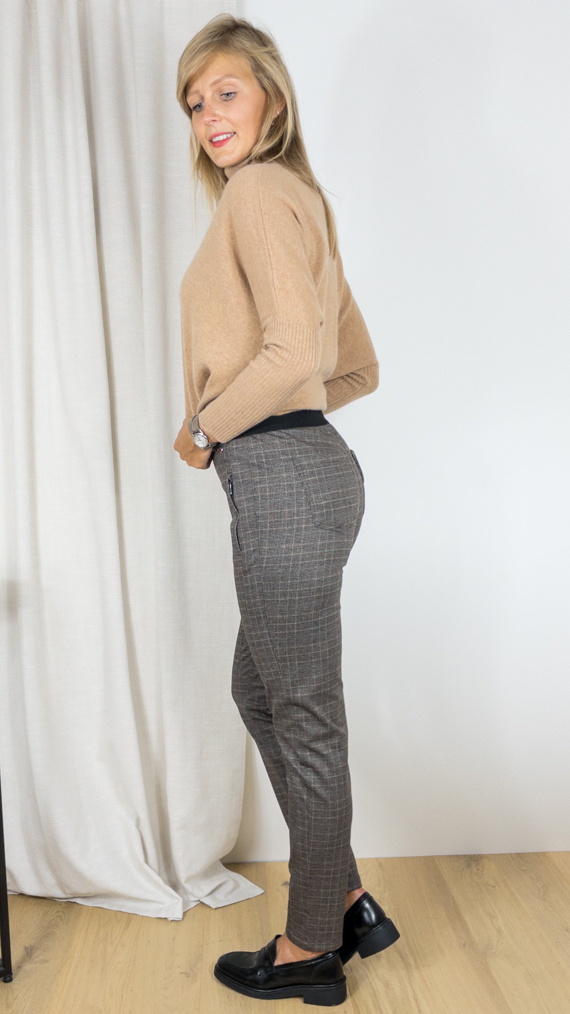 PANTALON A CARREAUX TAILLE ELASTIQUE TONI 2855-6 6436 CAMEL