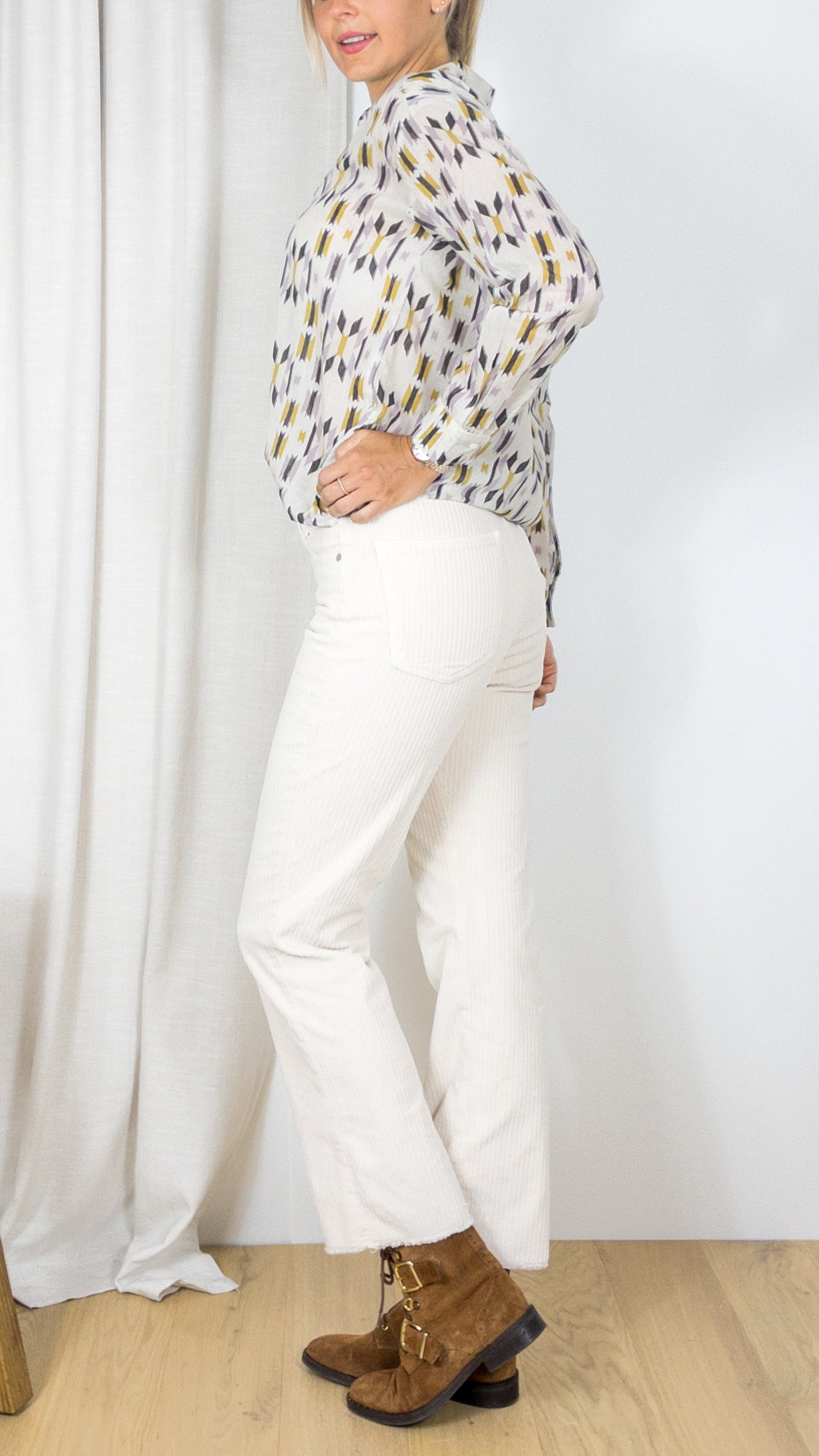 PANTALON EVASE EN VELOURS SALOME BIG CORD DENIM STUDIO LUNE CREME