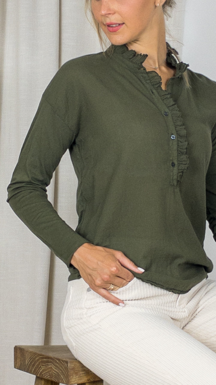 BLOUSE ENCOLURE VOLANTEE HARTFORD TUNNIS ARMY KAKI