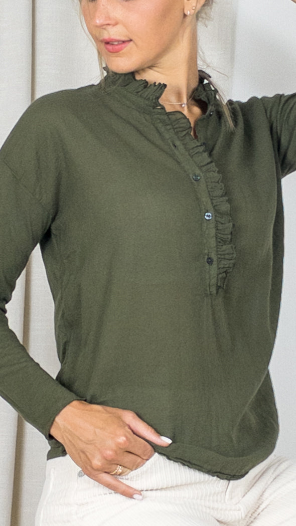 BLOUSE ENCOLURE VOLANTEE HARTFORD TUNNIS ARMY KAKI