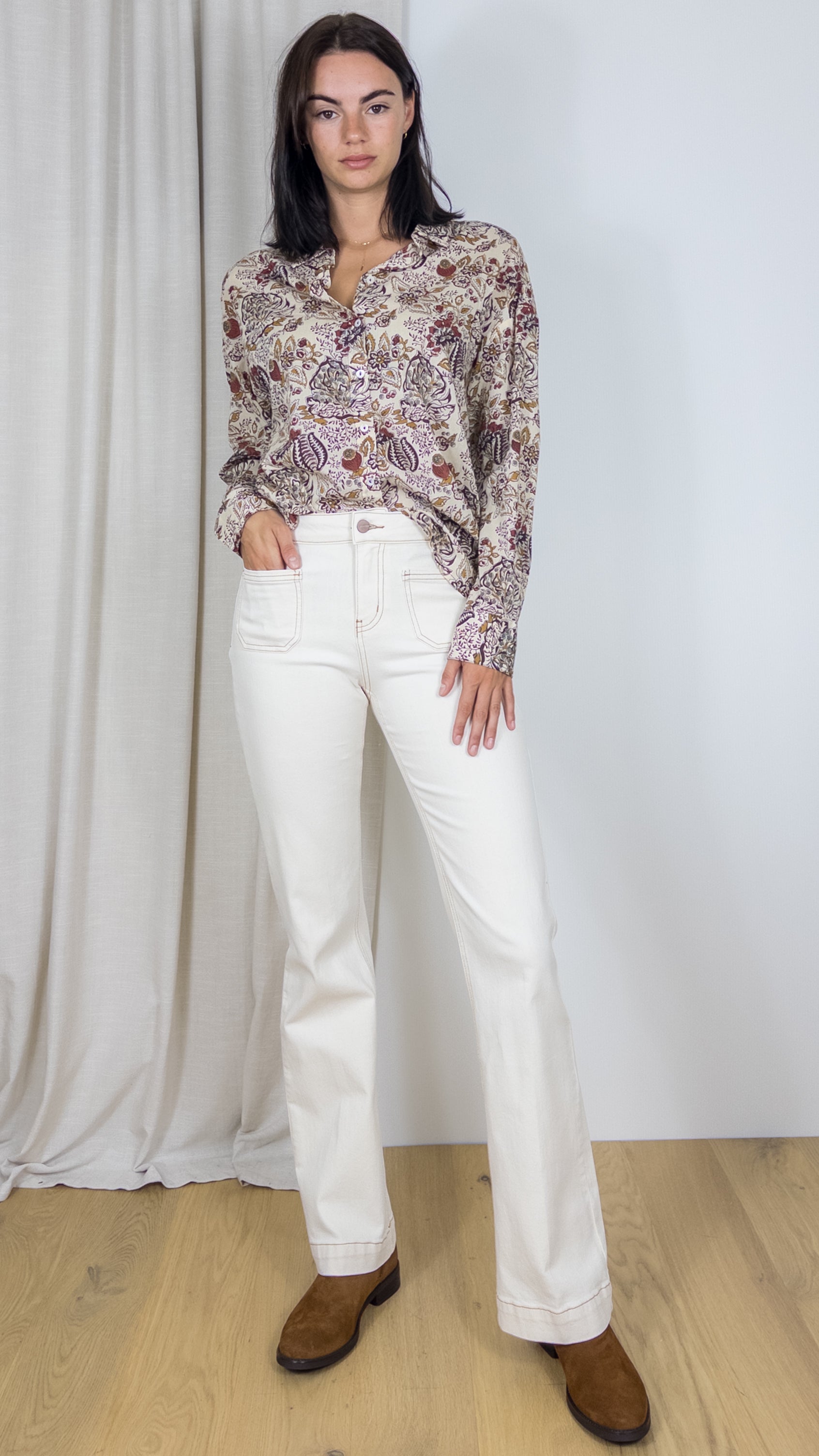 CHEMISE IMPRIMEE EN COTON CURIE JANE BLUE BEIGE ECRU