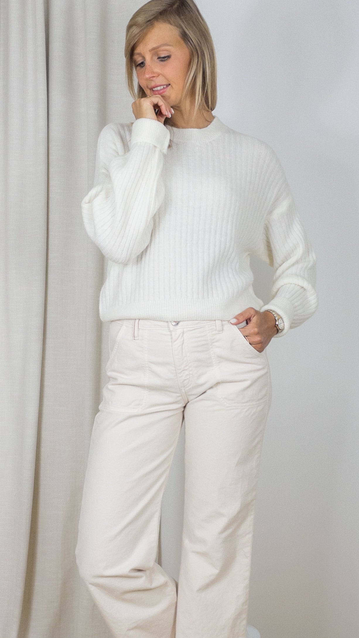 PULL RAS DE COU MAILLE COTELEE STUDIO PARISIEN 9407 ECRU