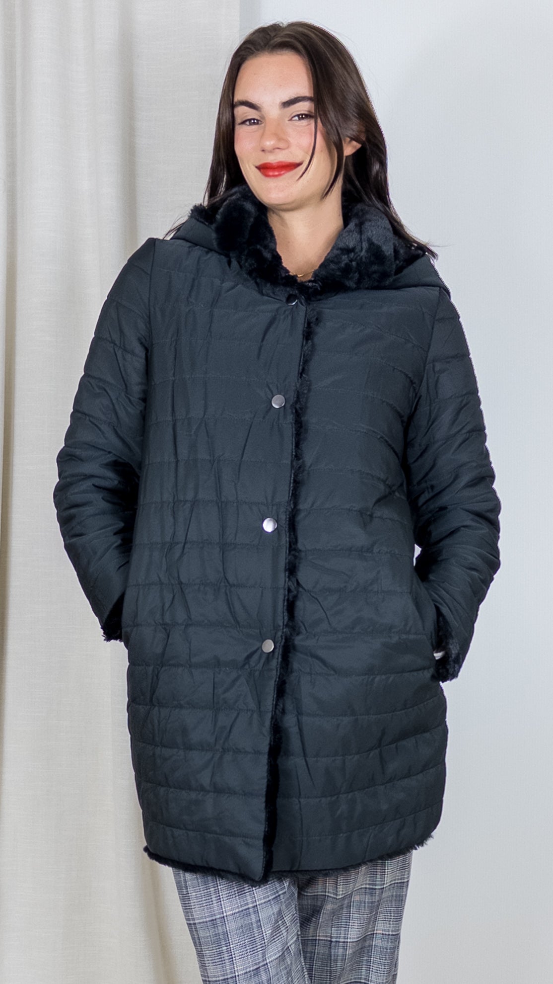 MANTEAU MI-LONG EN FAUSSE FOURRURE F5507 VOUS NOIR