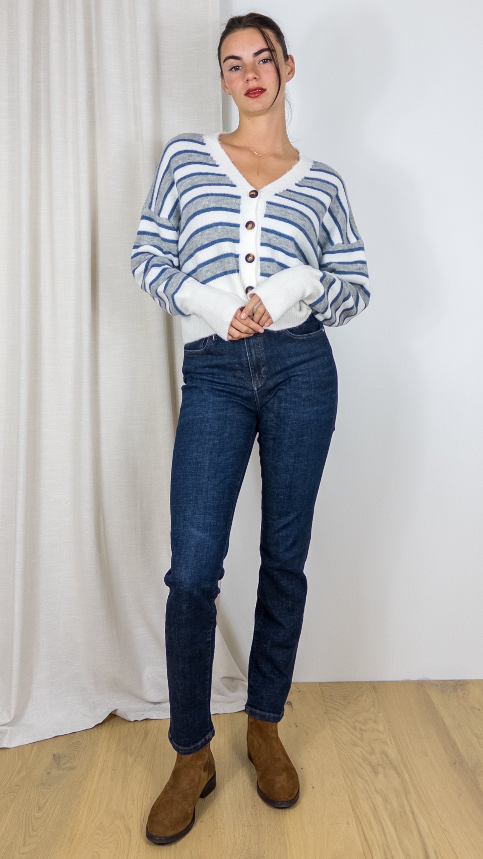 GILET RAYE STUDIO PARISIEN 8003 ECRU BLEU GRIS