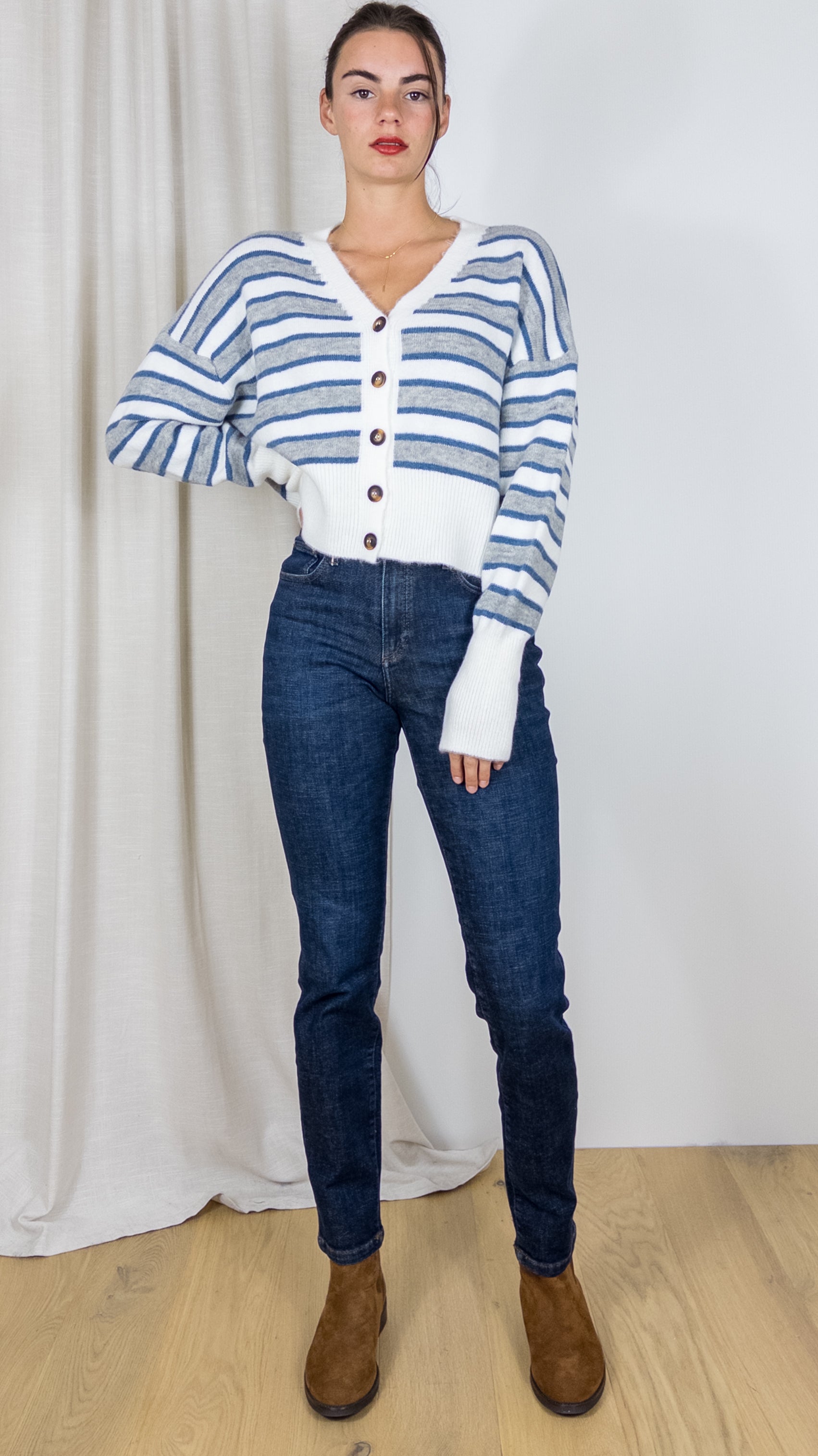 GILET RAYE STUDIO PARISIEN 8003 ECRU BLEU GRIS