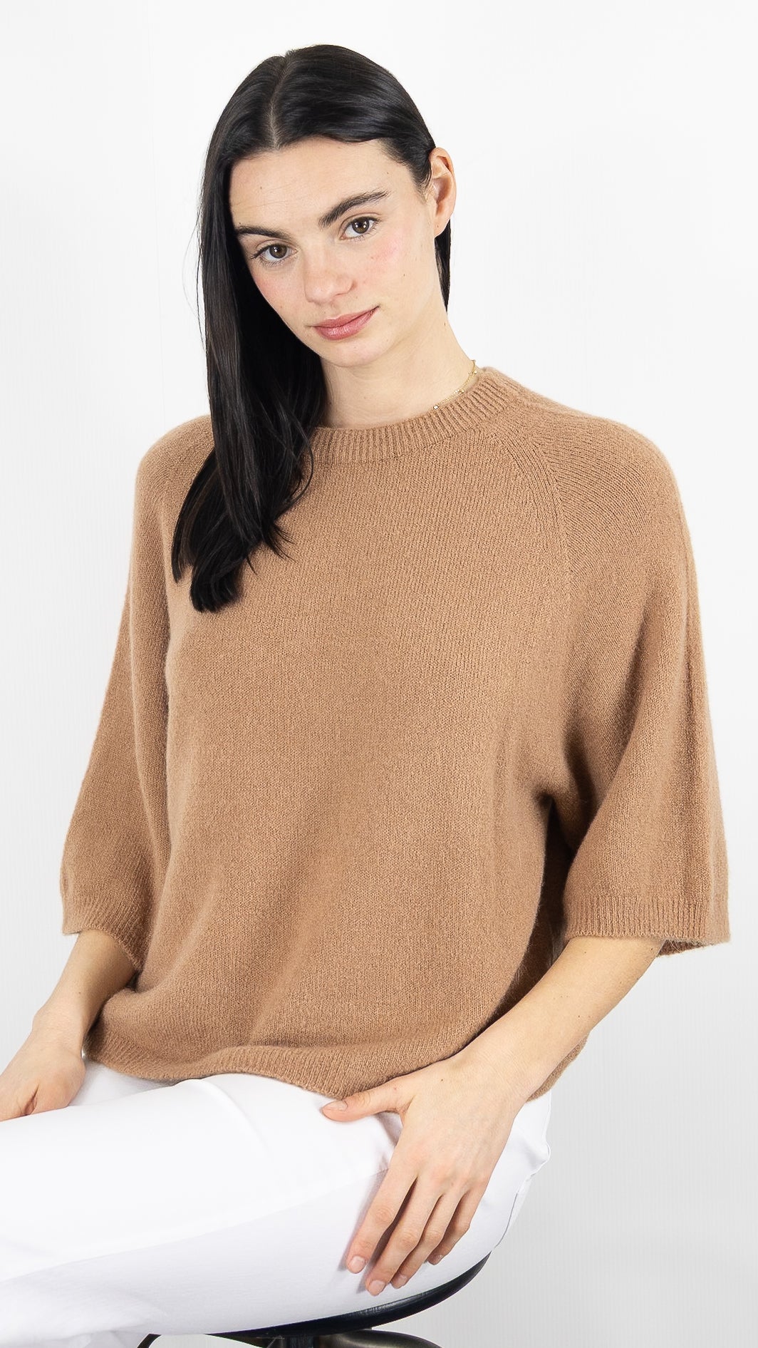 PULL COL ROND MANCHES 3/4 AMPLE EN ALPAGA ANDROMEDE 2114#COLOR_CAMEL