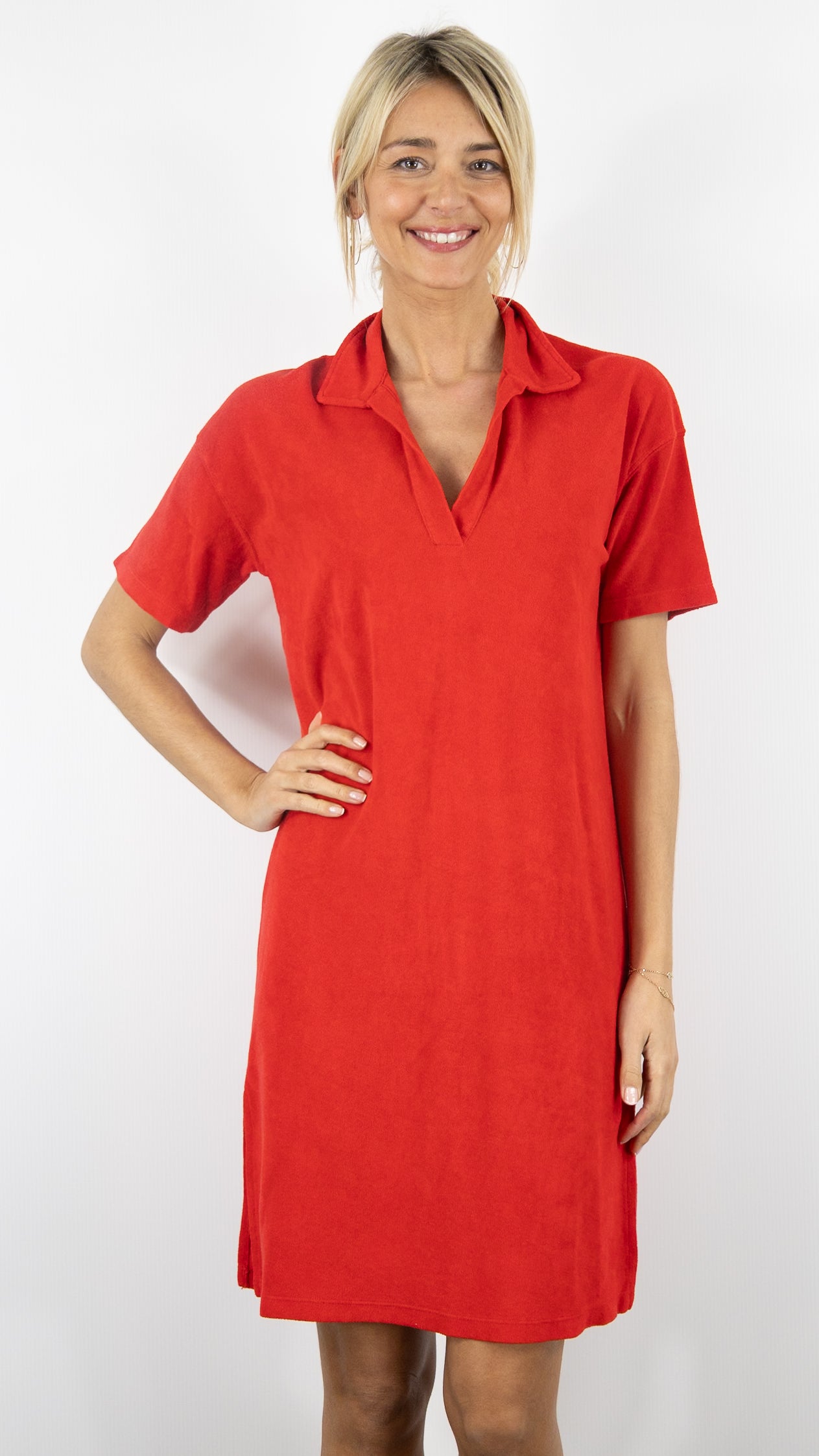 ROBE EN EPONGE DROITE MANCHES COURTES POUR FEMME#COLOR_05/TOMATO ROUGE