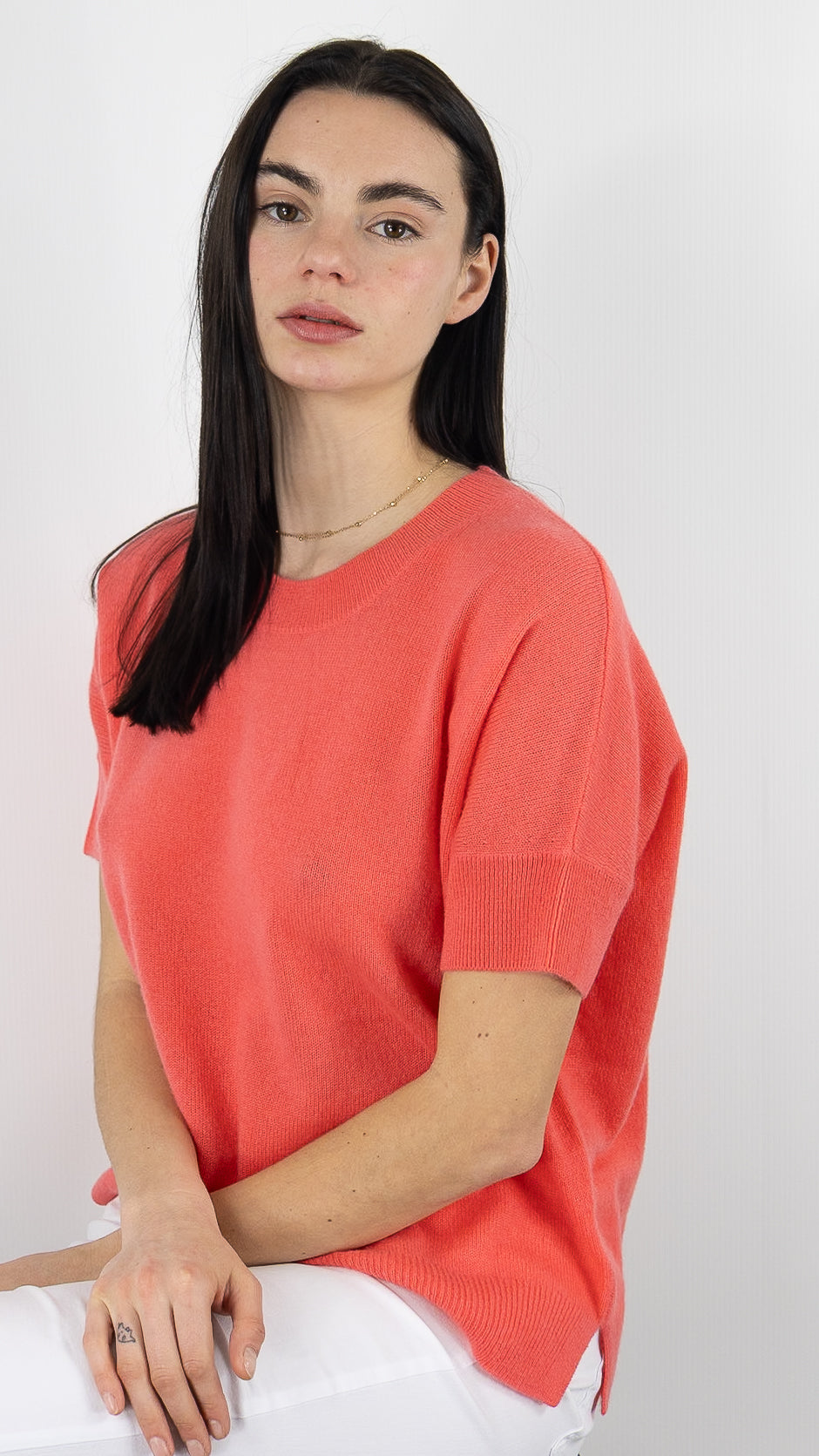 PULL CACHEMIRE MANCHES COURTES FEMME#COLOR_27172/CORAL CORAIL