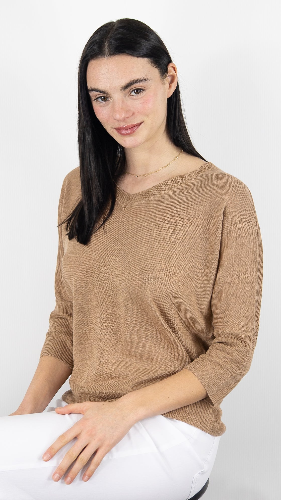 PULL COL V EN LIN POUR FEMME ESTHEME CKE5043E#COLOR_26264/CARAMEL