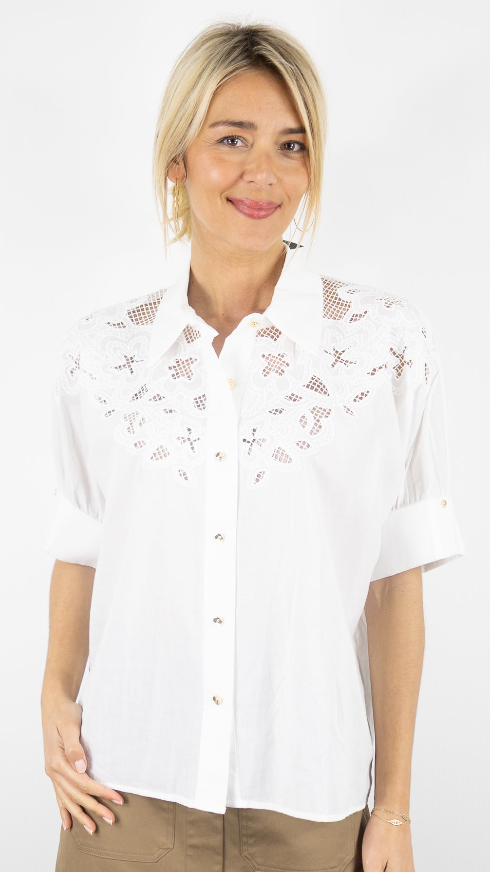 BLOUSE BRODEE ECRUE MANCHES COURTES FEMME CAROLINE BISS 1687