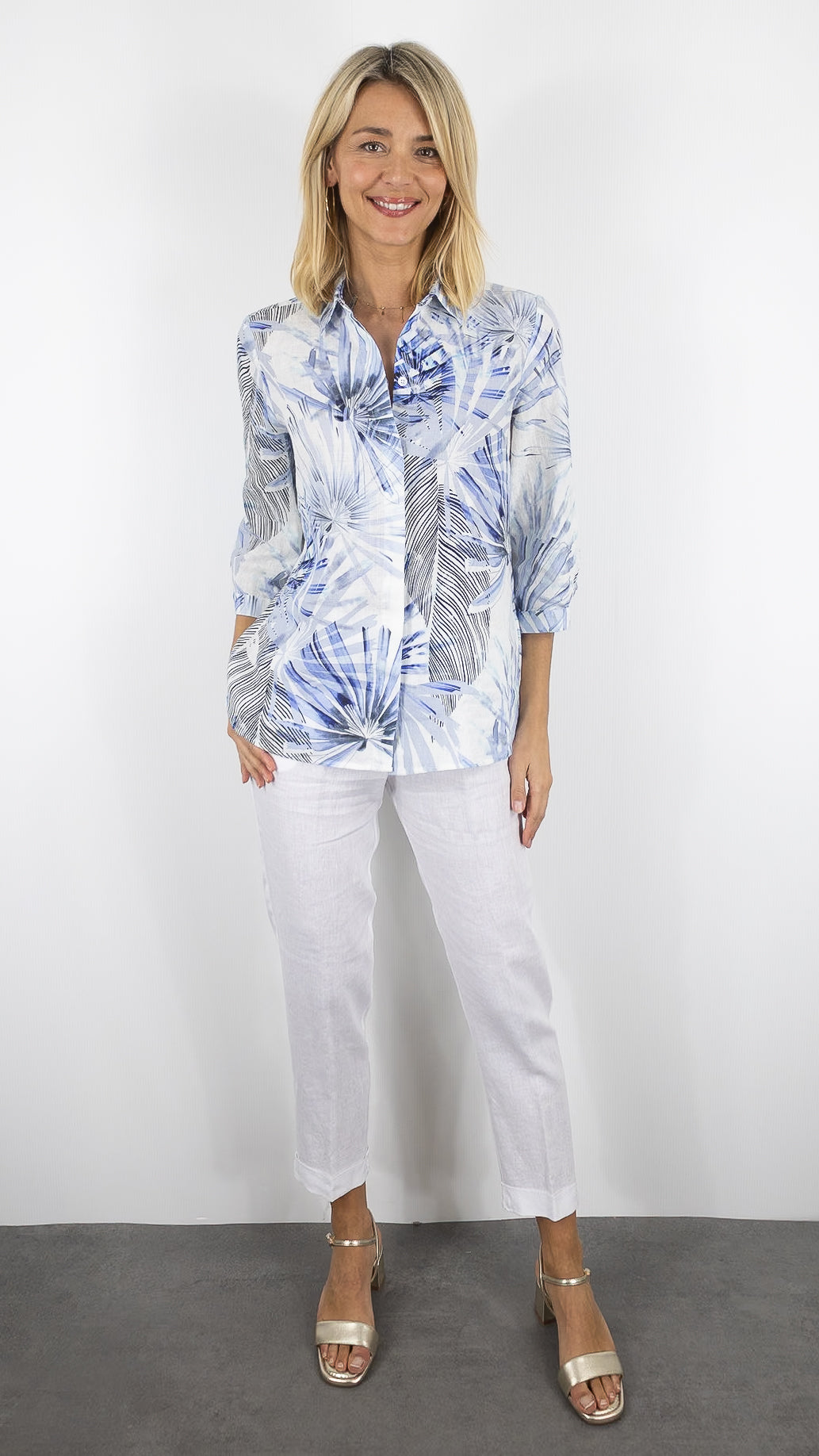 CHEMISE MANCHES COURTES IMPRIMEE EN LIN POUR FEMME TONI 78-84/1438-2#COLOR_54/SUMMER BLUE