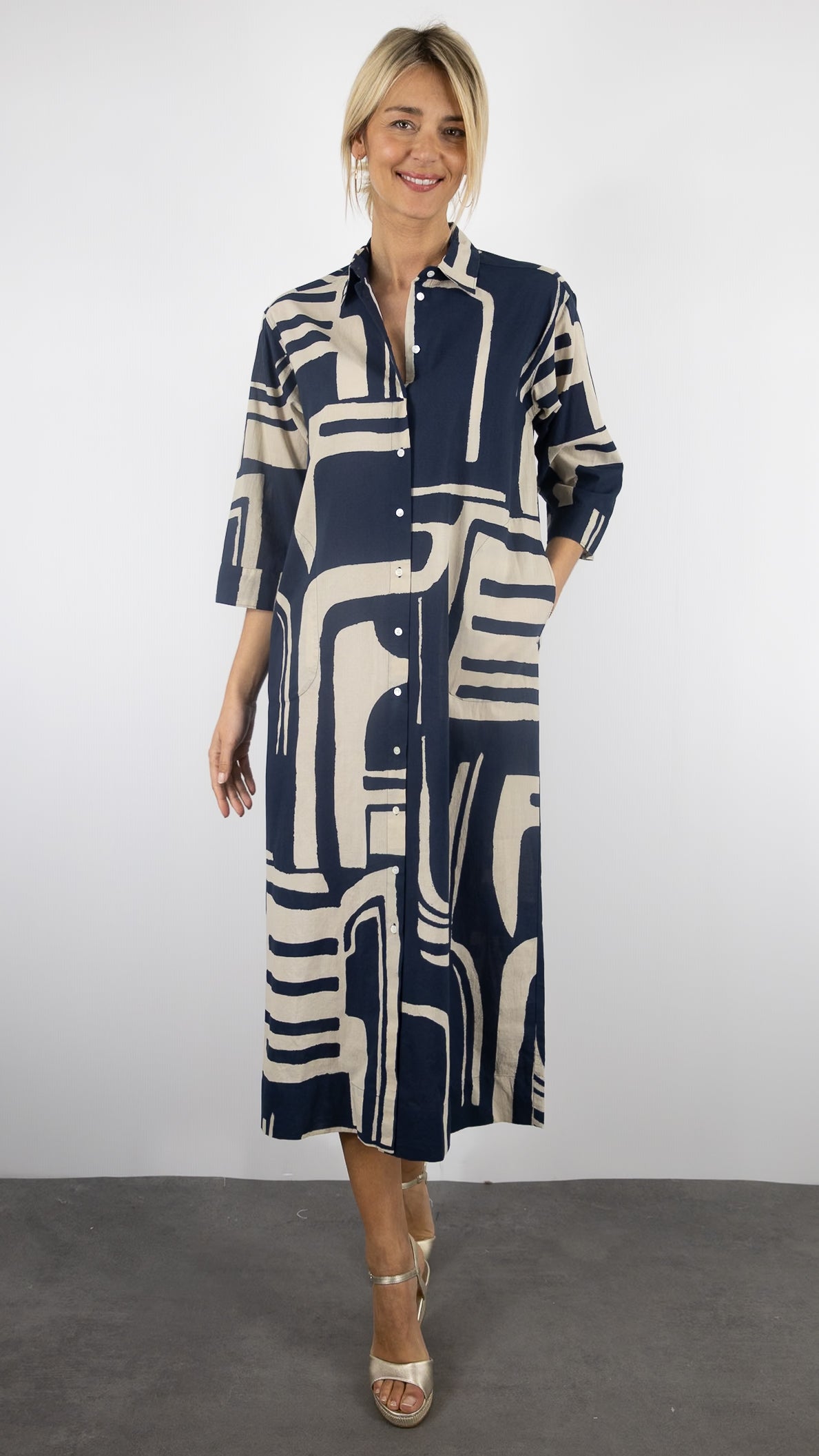 ROBE LONGUE IMPRIMEE EN COTON#COLOR_02/NATURAL NAVY