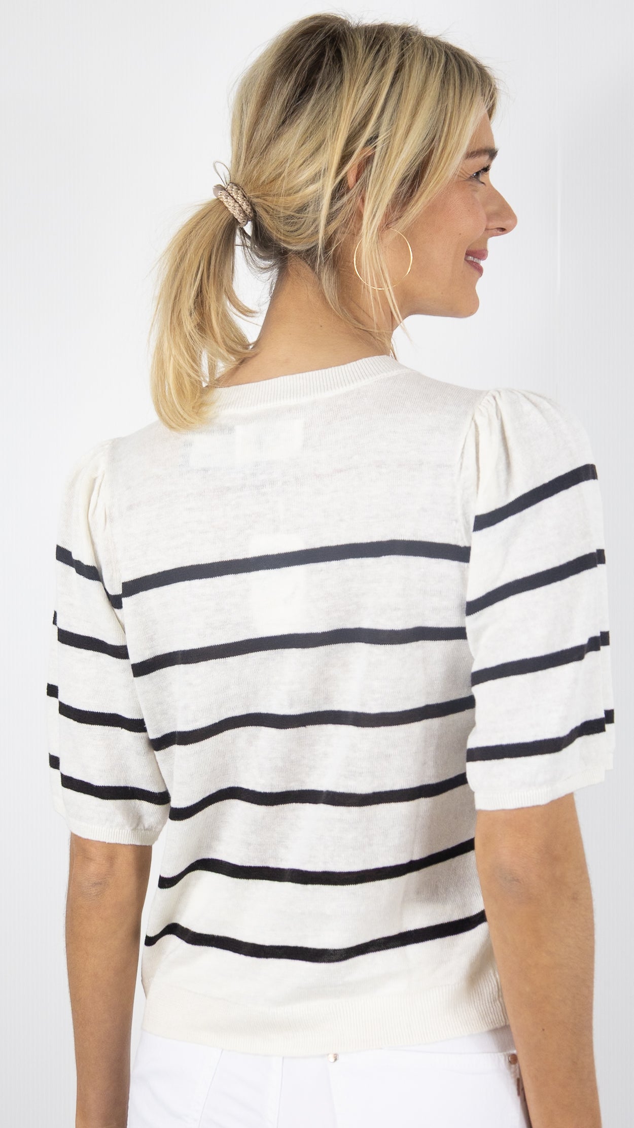 PULL EN LIN RAYE ANCHES COURTES TERRE CHOCO CREME DES PETITS HAUTS BRUNA