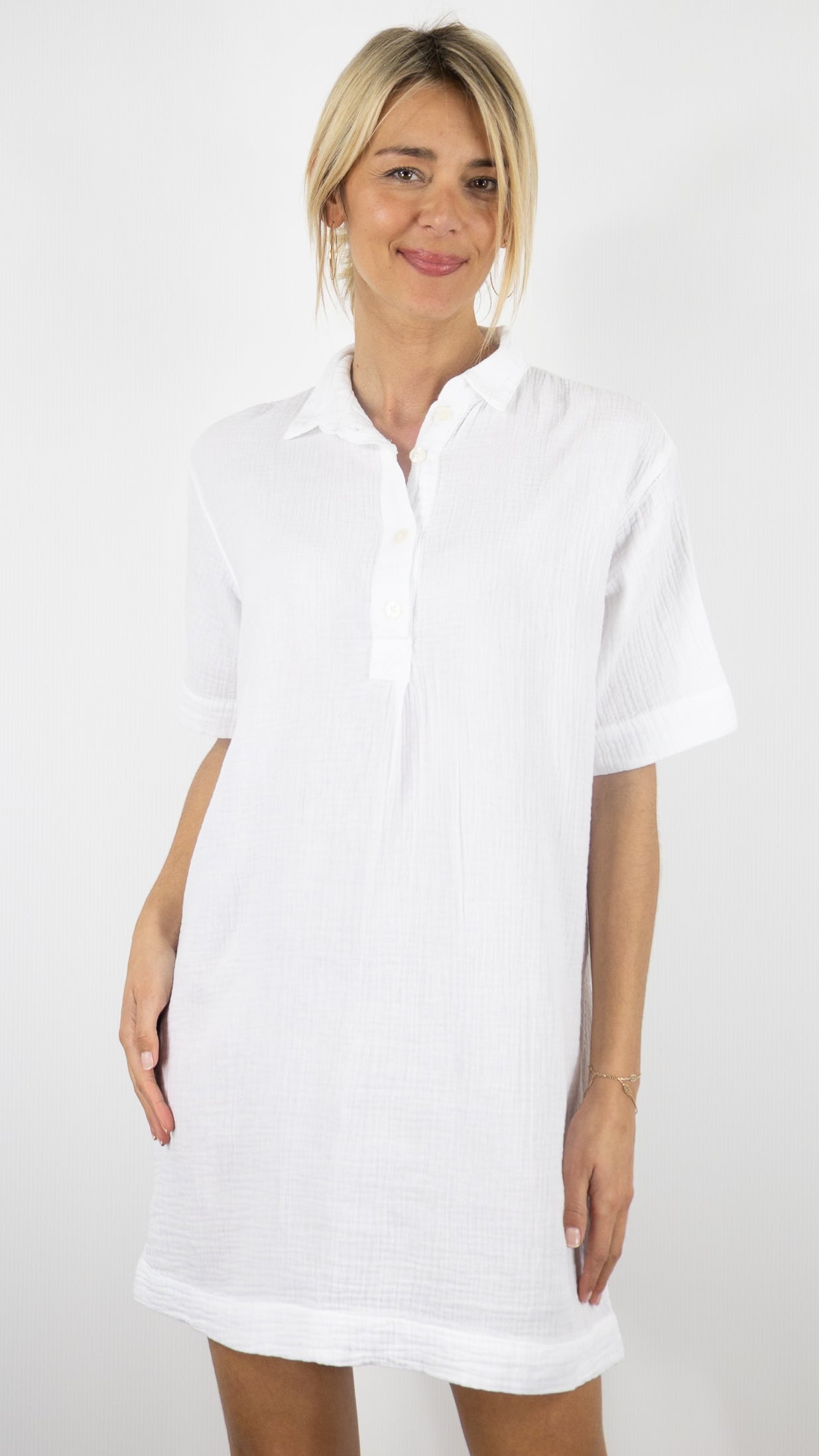 ROBE CHEMISE EN GAZE DE COTON BLANC DENIM STUDIO RIM DOUBLE