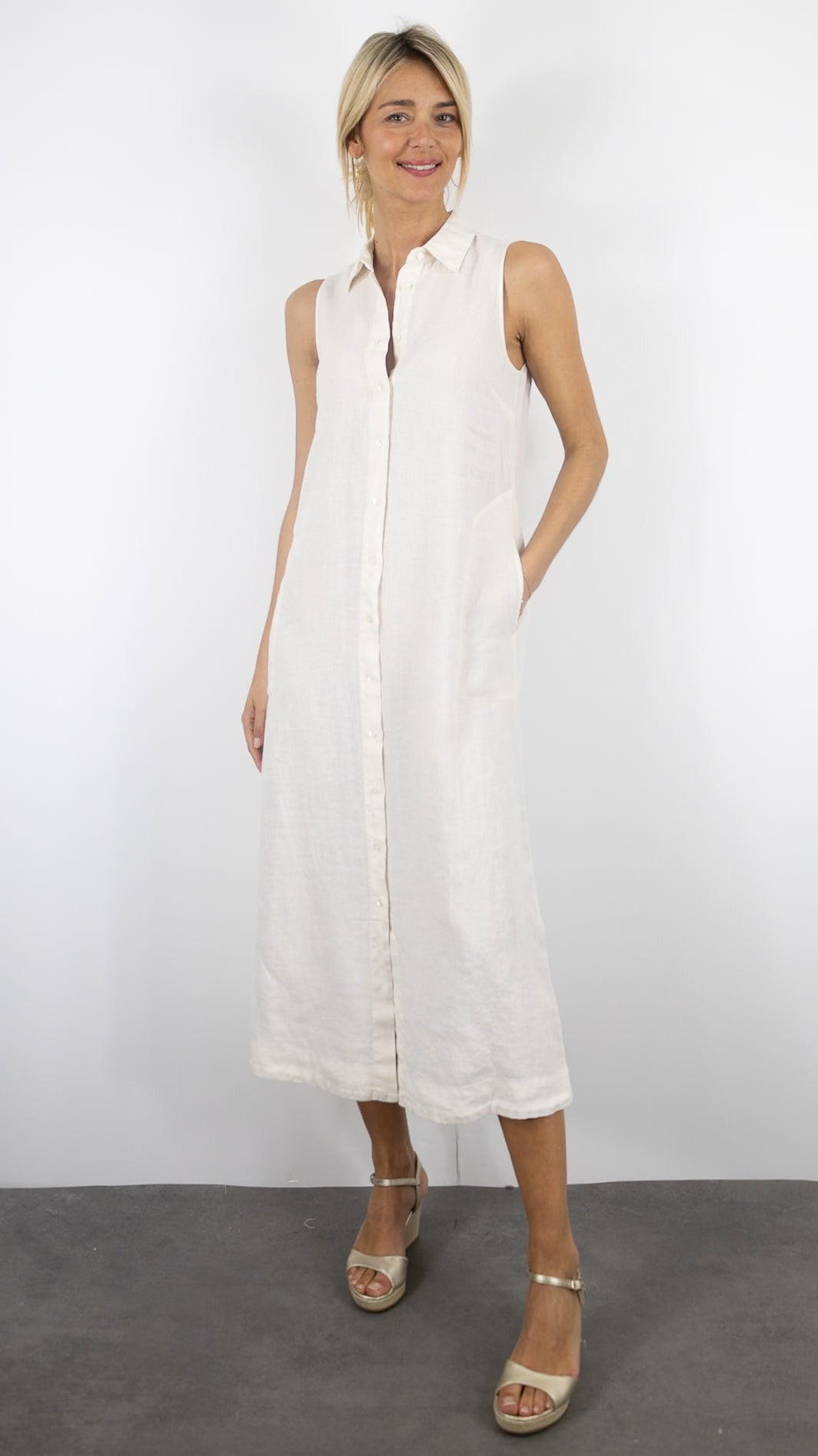 ROBE LONGUE SANS MANCHES EN LIN BEIGE HARTFORD REPONSE