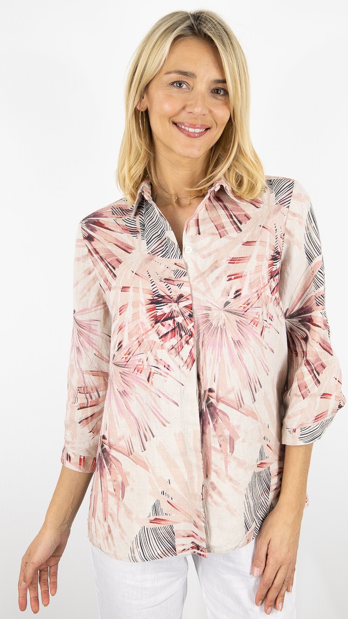 CHEMISE MANCHES COURTES IMPRIMEE EN LIN POUR FEMME TONI 78-84/1438-2#COLOR_480/IMP ROSE
