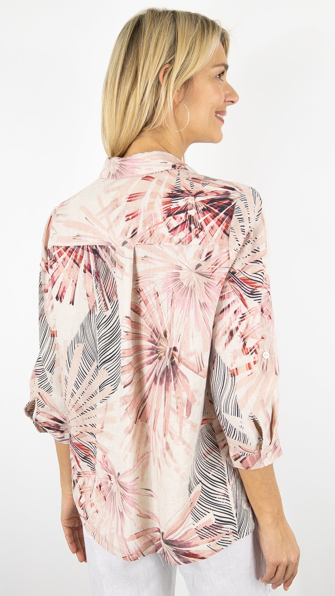 CHEMISE MANCHES COURTES IMPRIMEE EN LIN POUR FEMME TONI 78-84/1438-2#COLOR_480/IMP ROSE