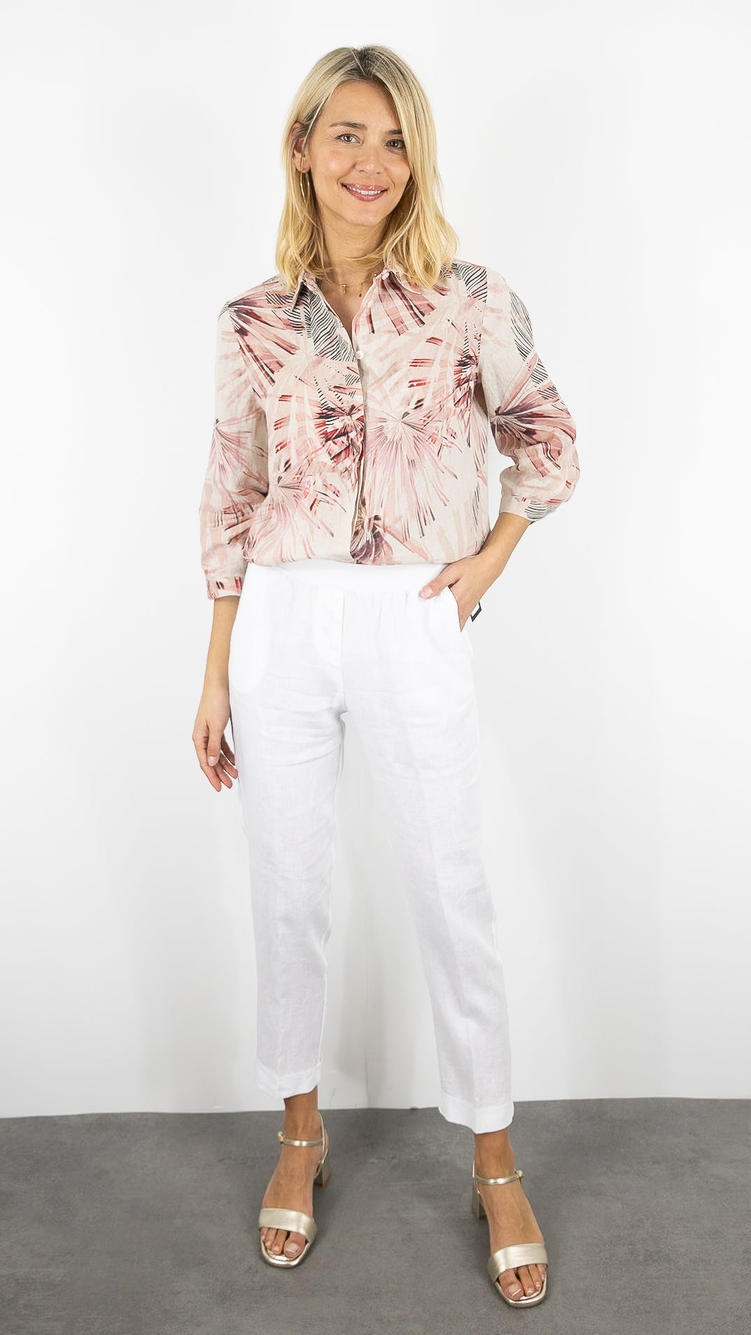 CHEMISE MANCHES COURTES IMPRIMEE EN LIN POUR FEMME TONI 78-84/1438-2#COLOR_480/IMP ROSE