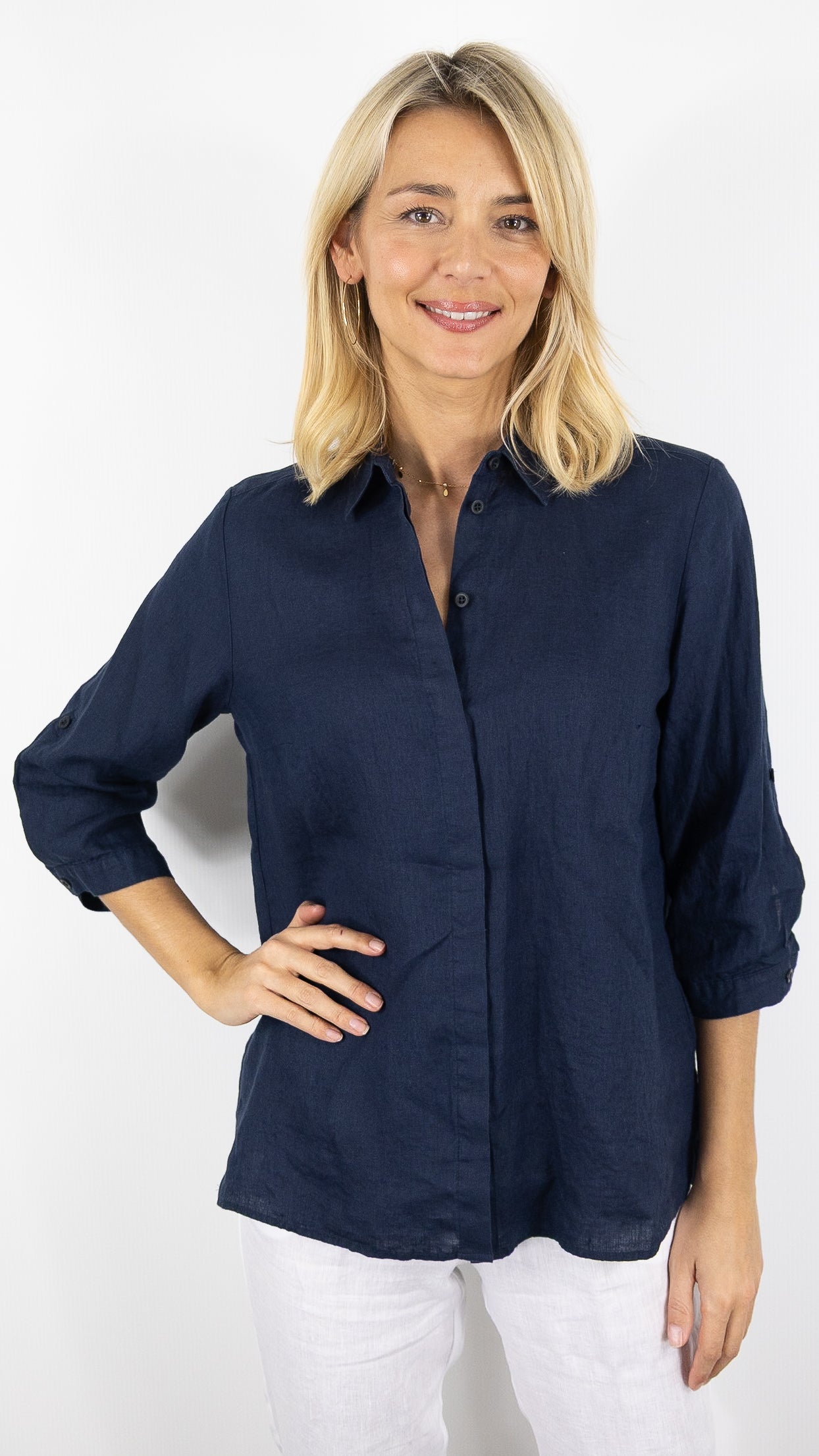 CHEMISE EN LIN MANCHES COURTES POUR FEMME TONI 71-27/1438-2#COLOR_58/NAVY
