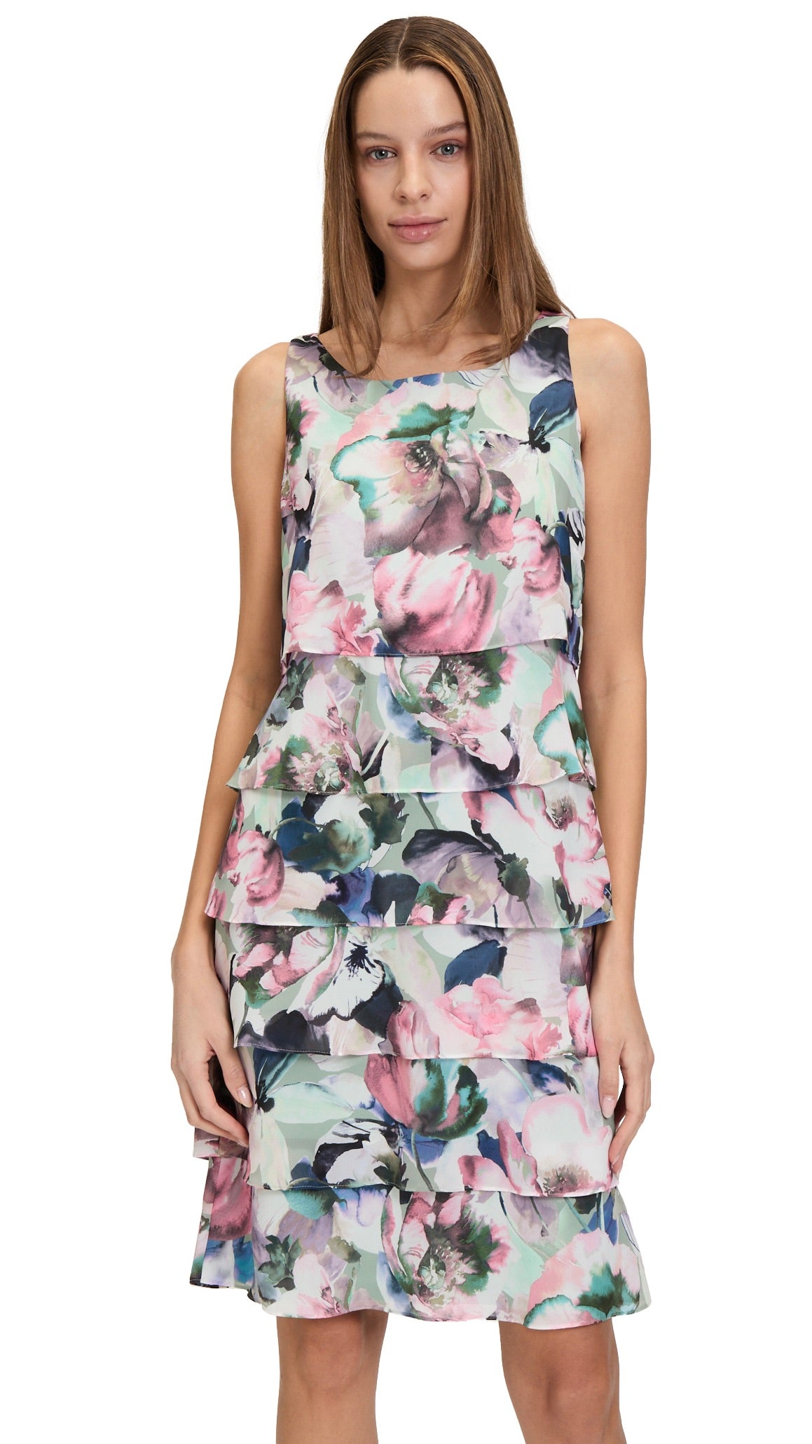 ROBE SANS MANCHES EN VOILE IMPRIME FLEURI ROSE ET VERT VERAMONT 0338/4800
