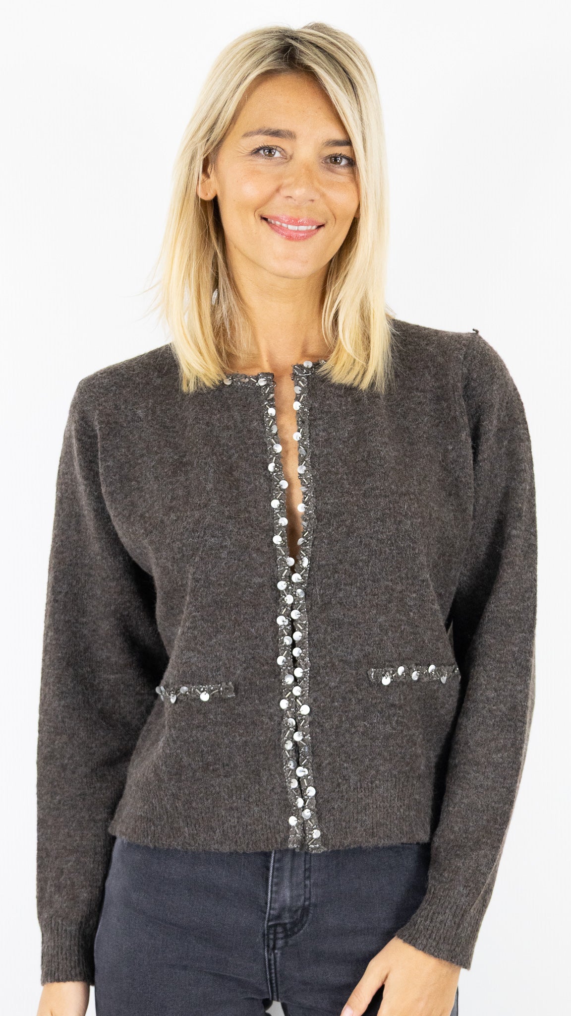 CARDIGAN A BORD PAILLETTE 06BN12 KY CREATION#color_COFFEE/CHOCO