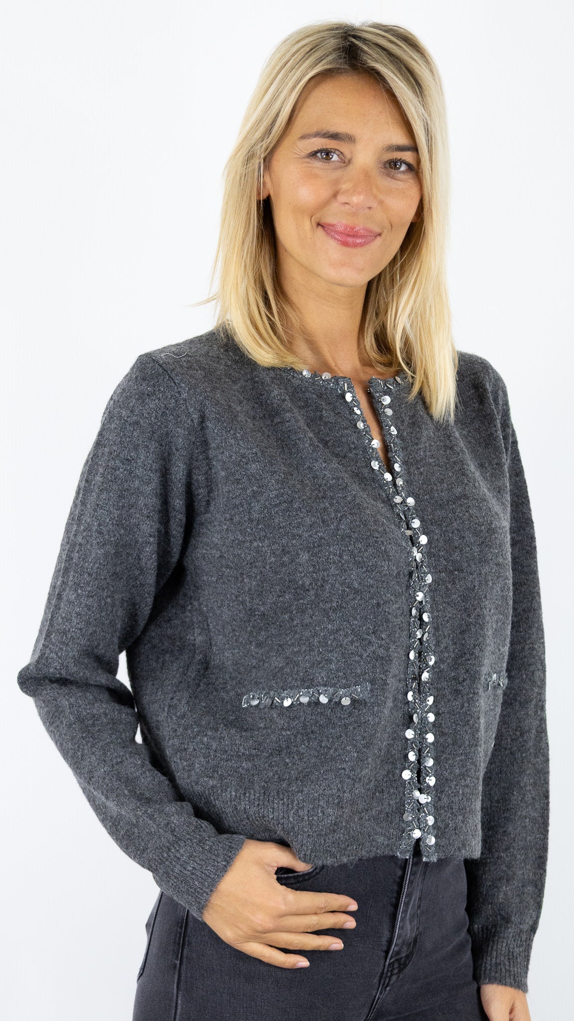 CARDIGAN A BORD PAILLETTE 06BN12 KY CREATION#color_GREY/GRIS