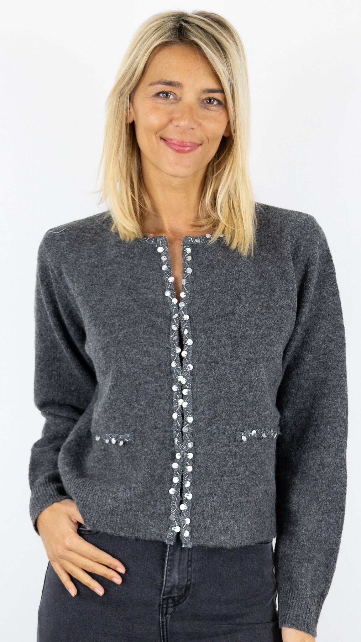 CARDIGAN A BORD PAILLETTE 06BN12 KY CREATION#color_GREY/GRIS