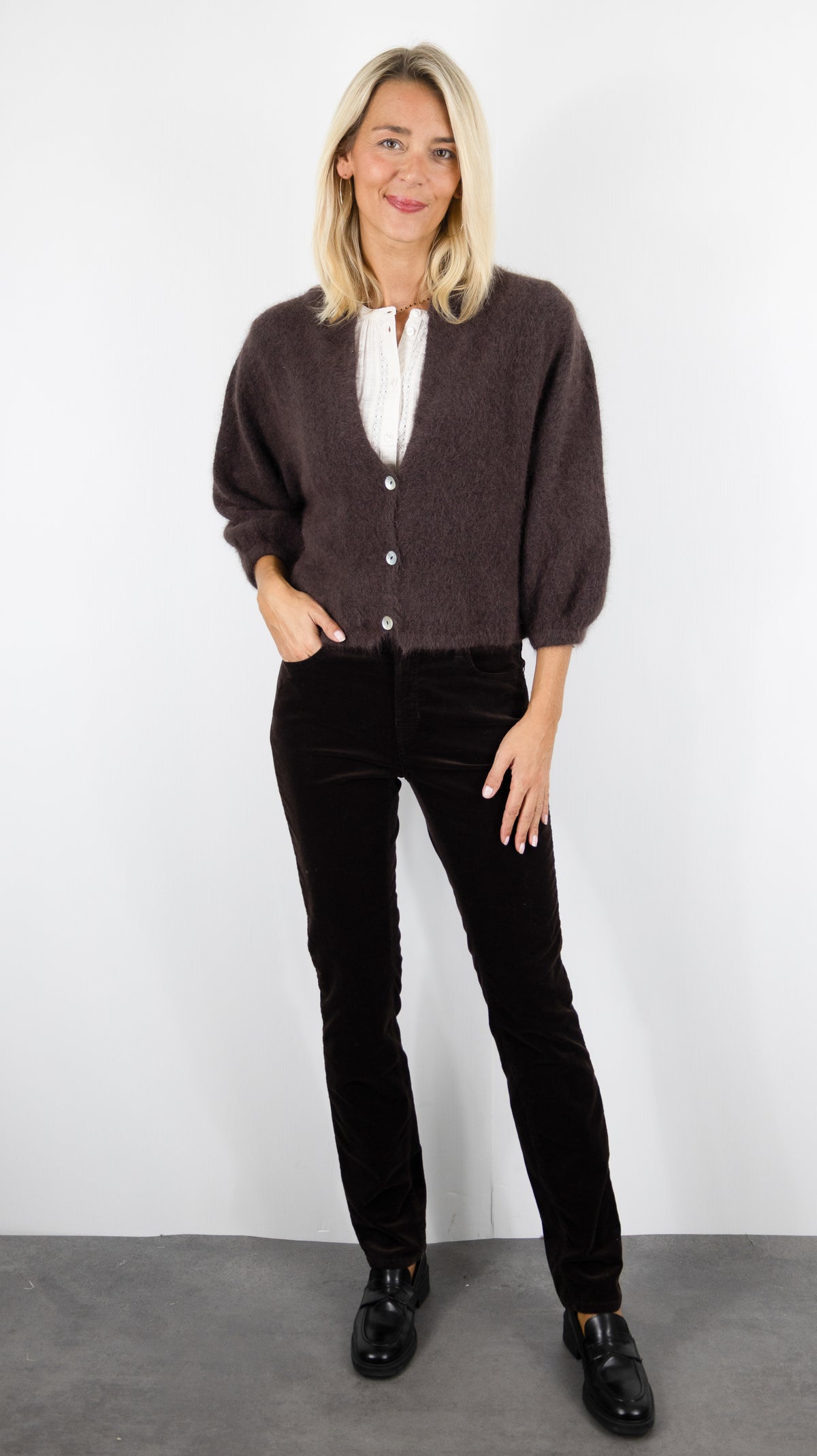 CARDIGAN COURT POUR FEMME NAIS AN25660-1#COLOR_CHOCO