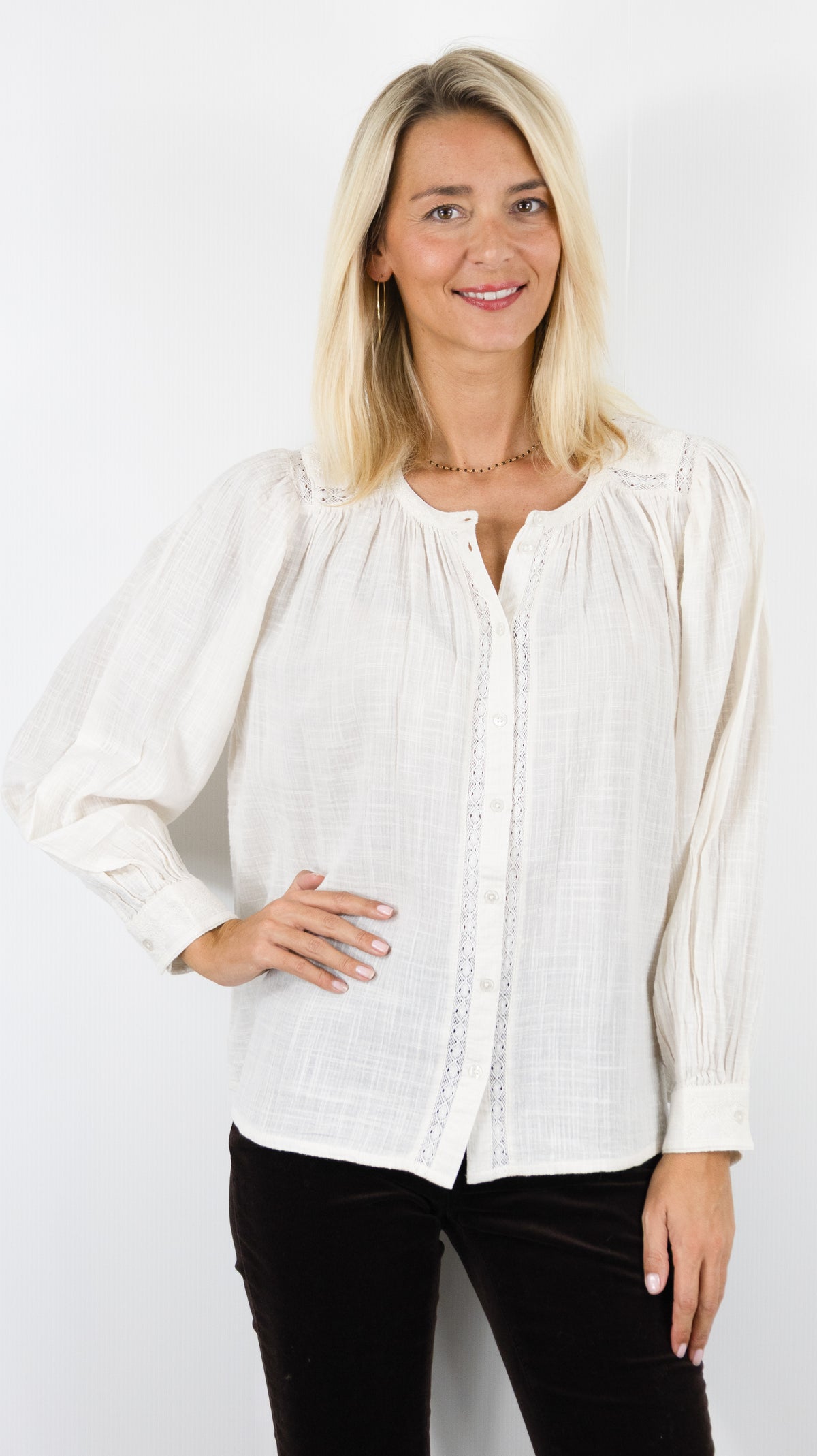 BLOUSE EN COTON FRONCEE DENTELLE ECRUE POUR FEMME BA&SH NURIA