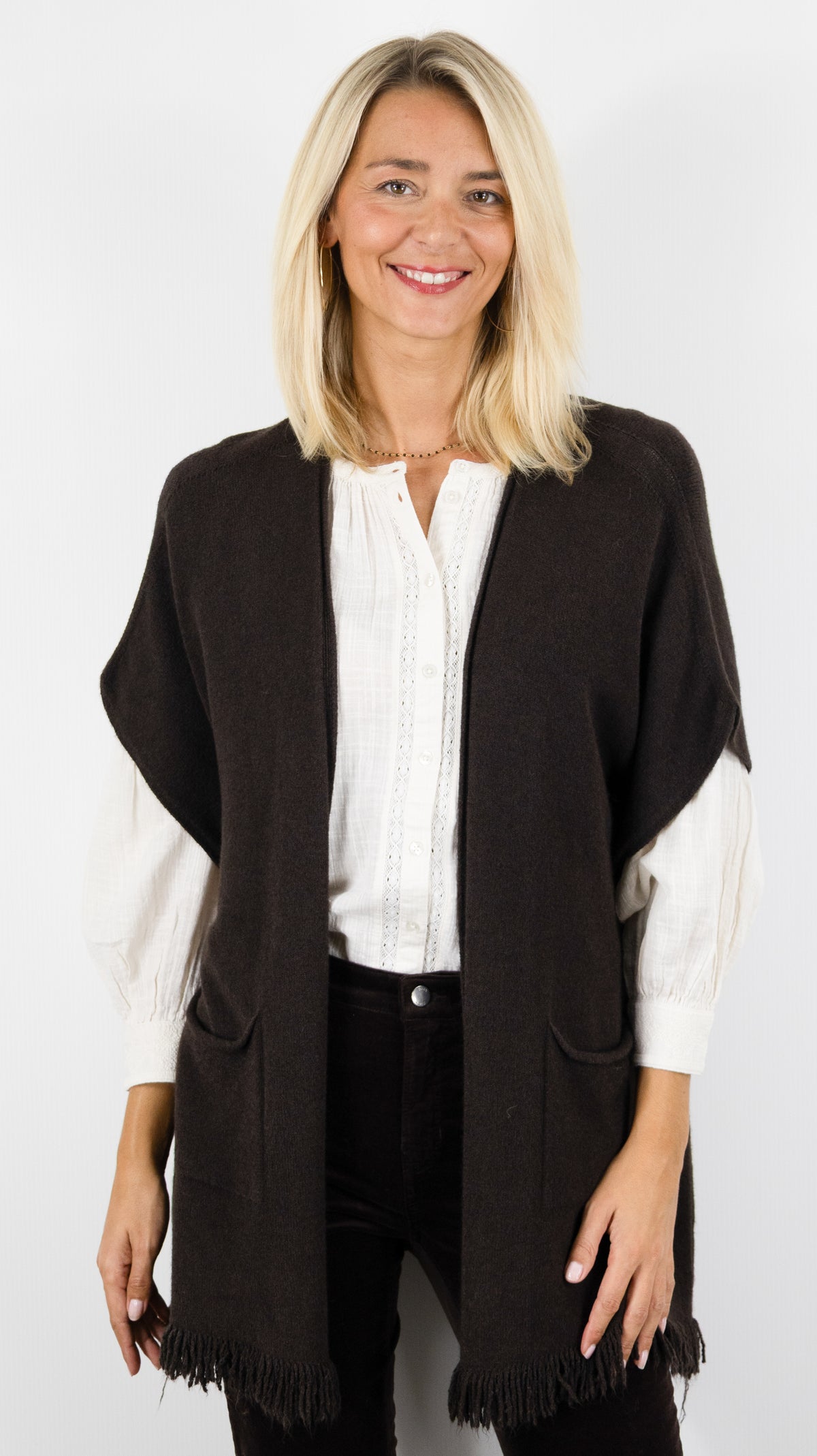 GILET AMPLE MANCHES COURTES BAS FRANGÉ ALEXANDRE LAURENT C8885#COLOR_MORO/CHOCO