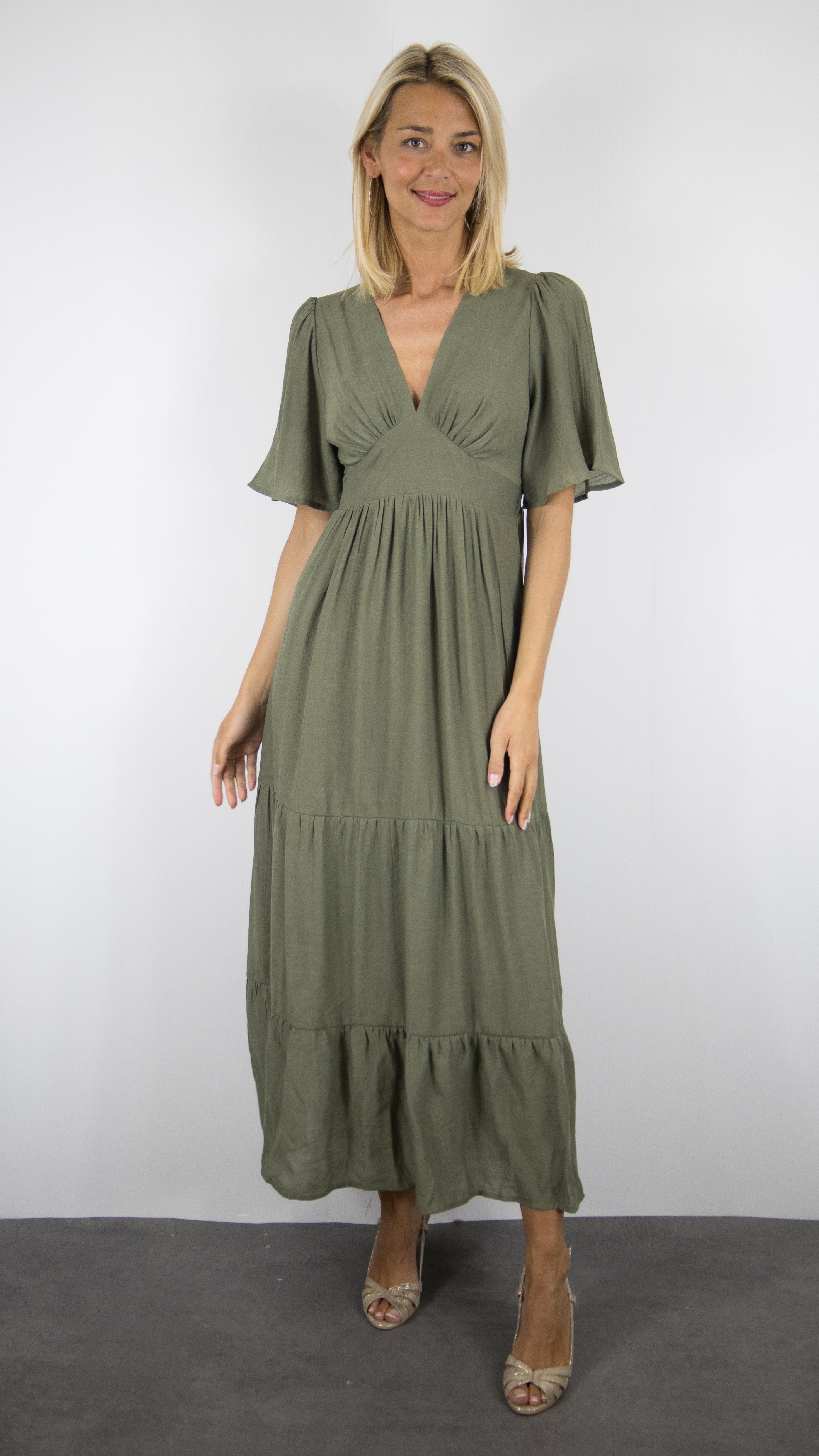 ROBE LONGUE D'ETE COL V VOLANTEE FLUIDE FEMME YCOO 10194#COLOR_KAKI