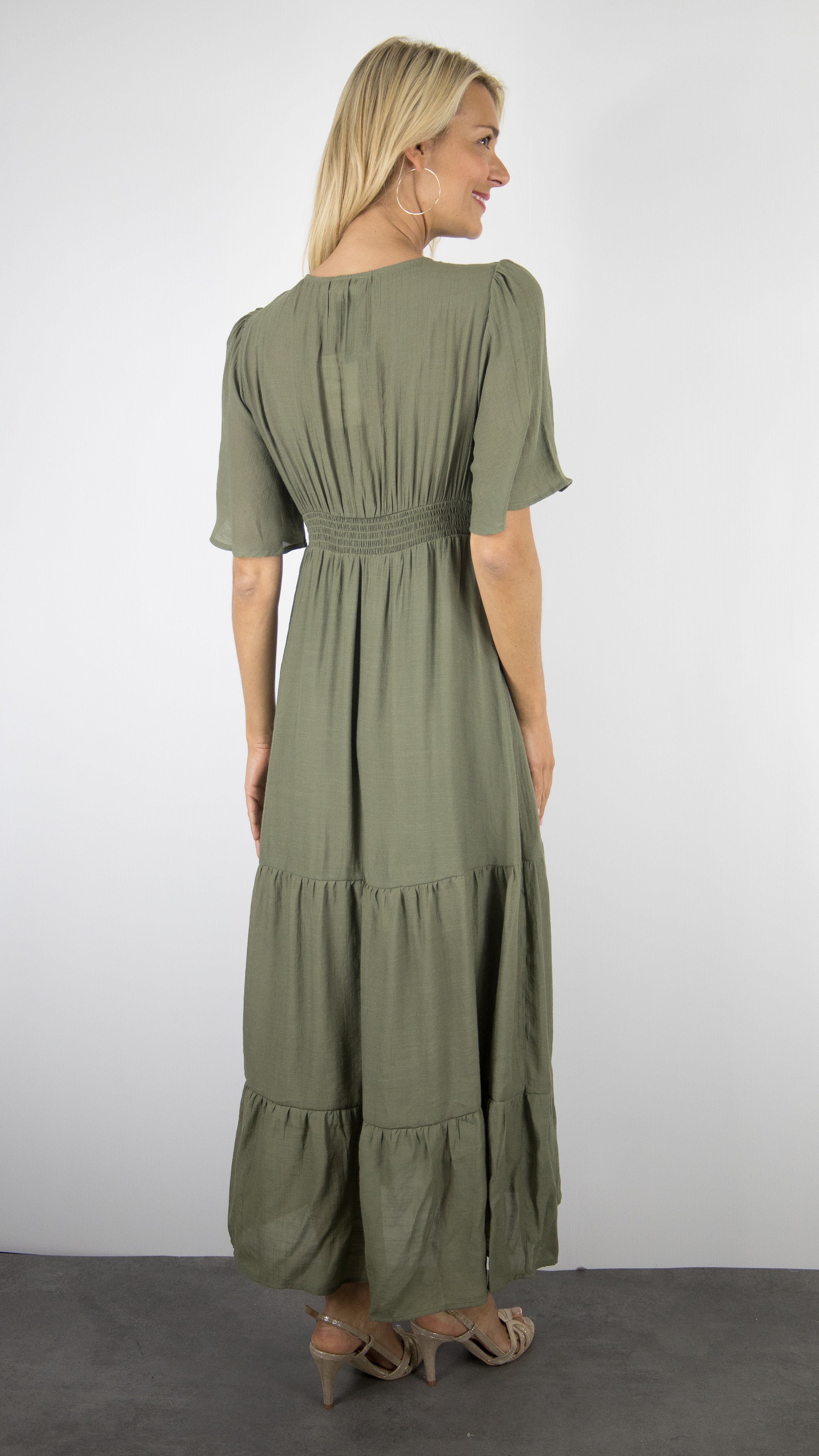 ROBE LONGUE D'ETE COL V VOLANTEE FLUIDE FEMME YCOO 10194#COLOR_KAKI
