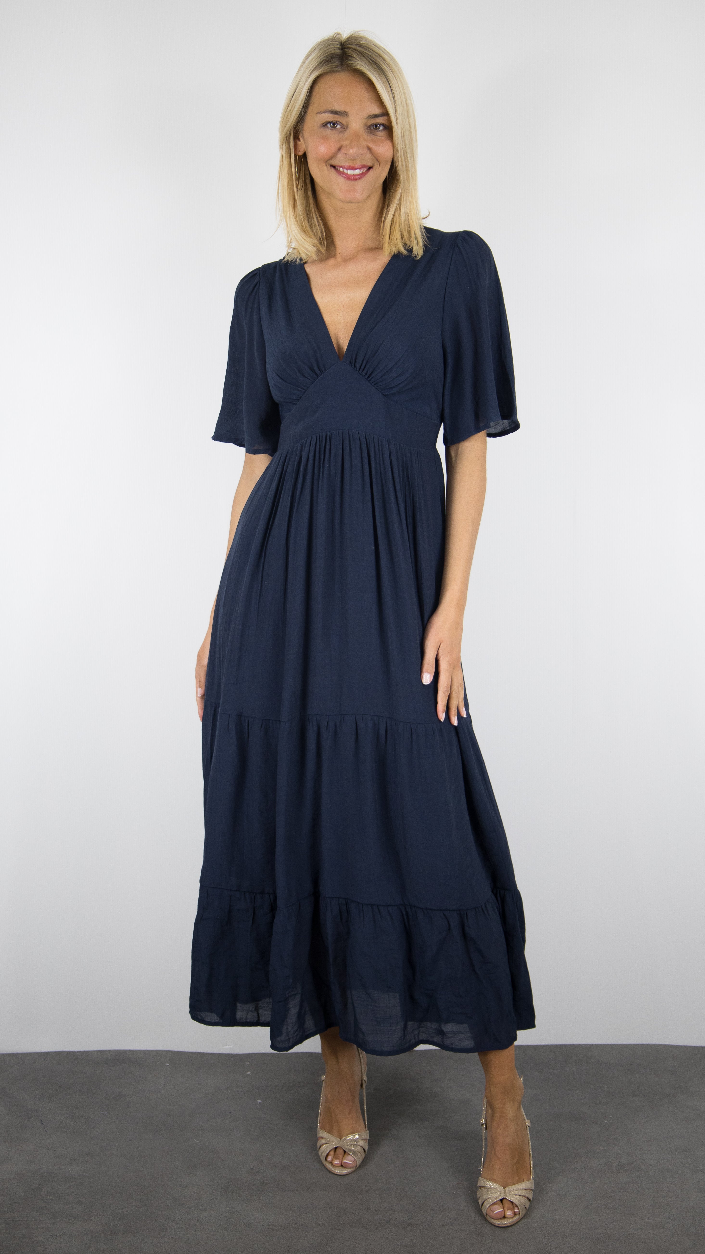 ROBE LONGUE D'ETE COL V VOLANTEE FLUIDE FEMME YCOO 10194#COLOR_MARINE