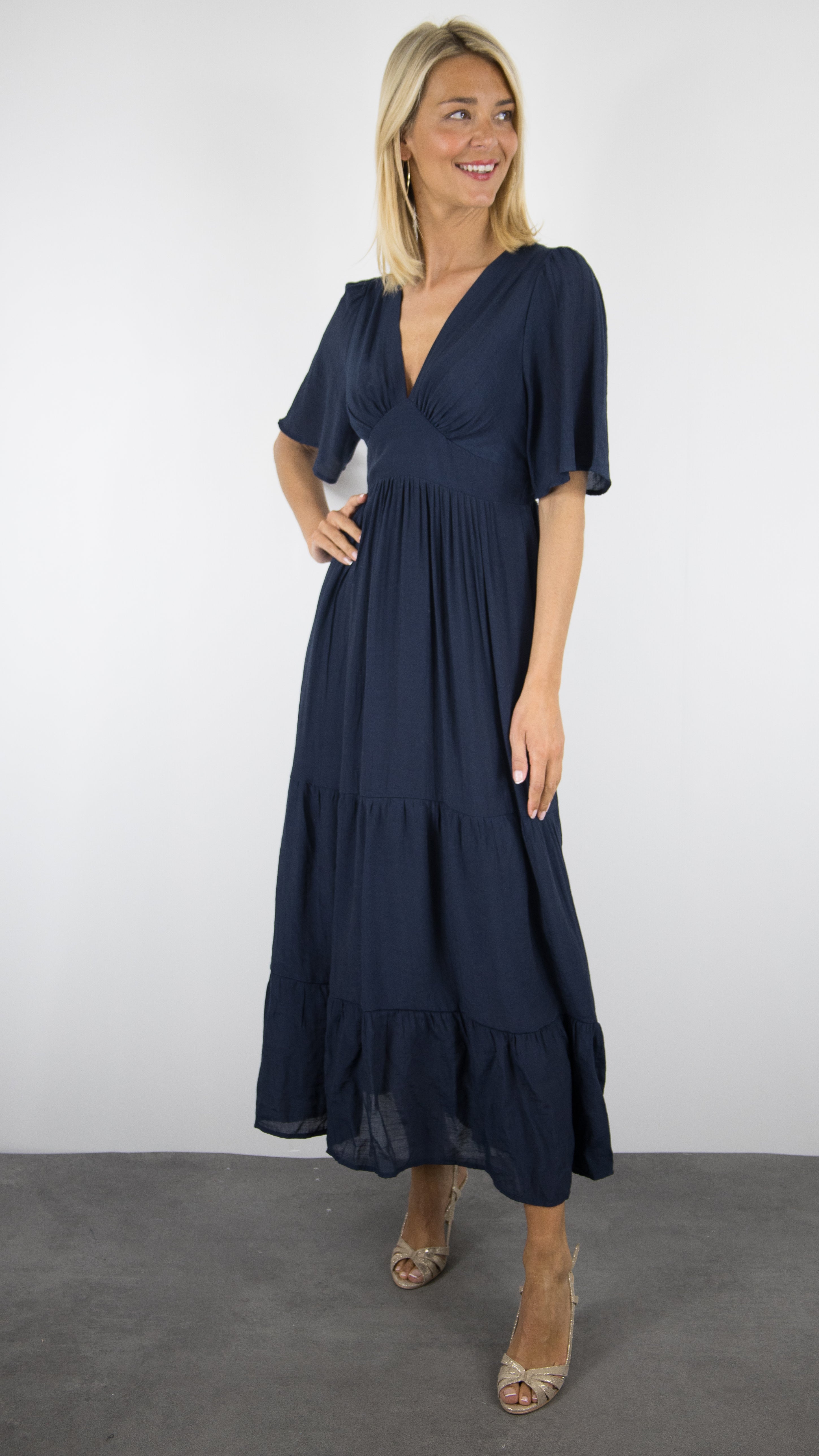 ROBE LONGUE D'ETE COL V VOLANTEE FLUIDE FEMME YCOO 10194#COLOR_MARINE
