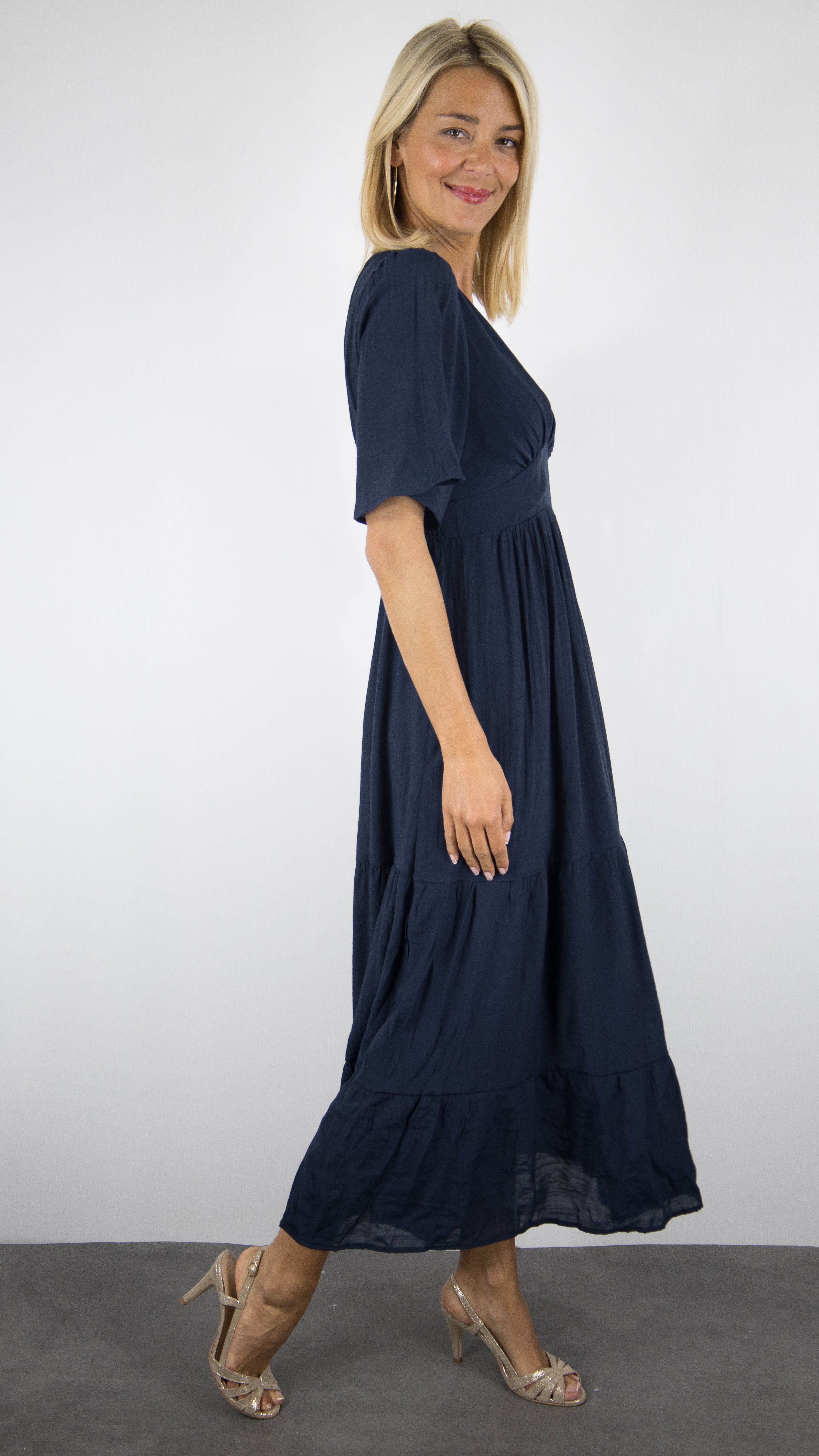 ROBE LONGUE D'ETE COL V VOLANTEE FLUIDE FEMME YCOO 10194#COLOR_MARINE