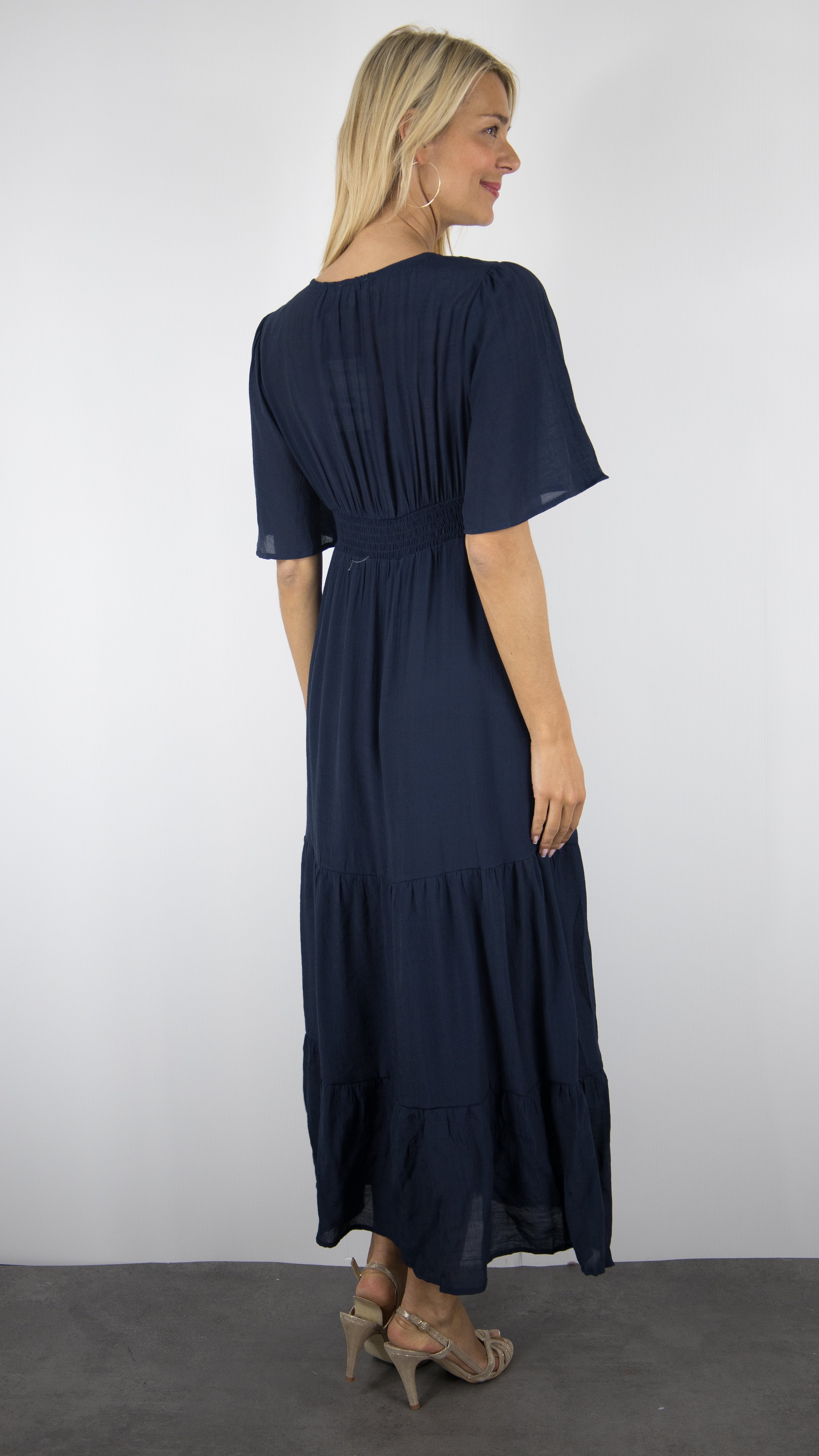 ROBE LONGUE D'ETE COL V VOLANTEE FLUIDE FEMME YCOO 10194#COLOR_MARINE