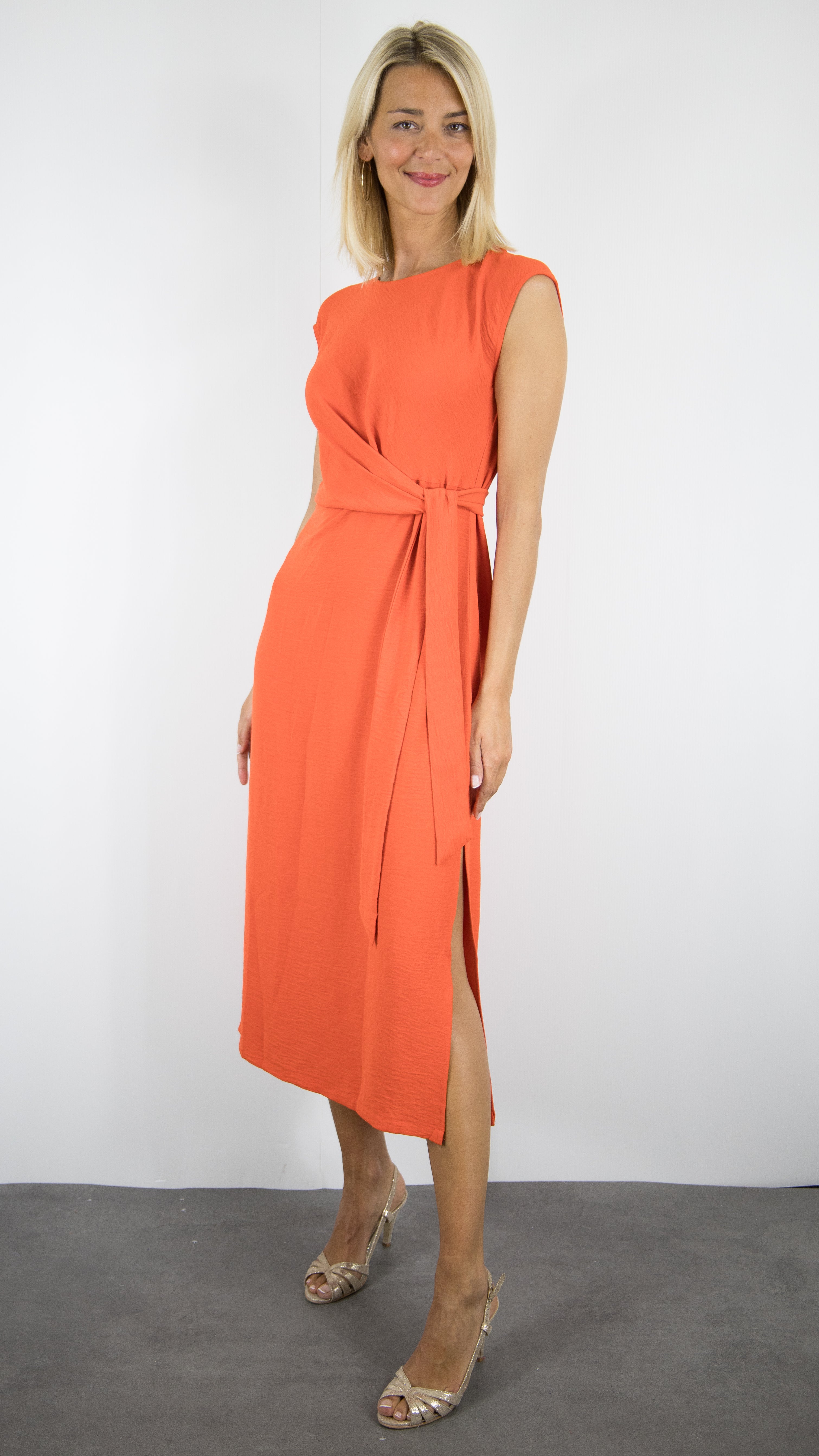 ROBE MIDI SANS MANCHES FLUIDE CROISEE POUR FEMME YCOO 10215#COLOR_CORAIL