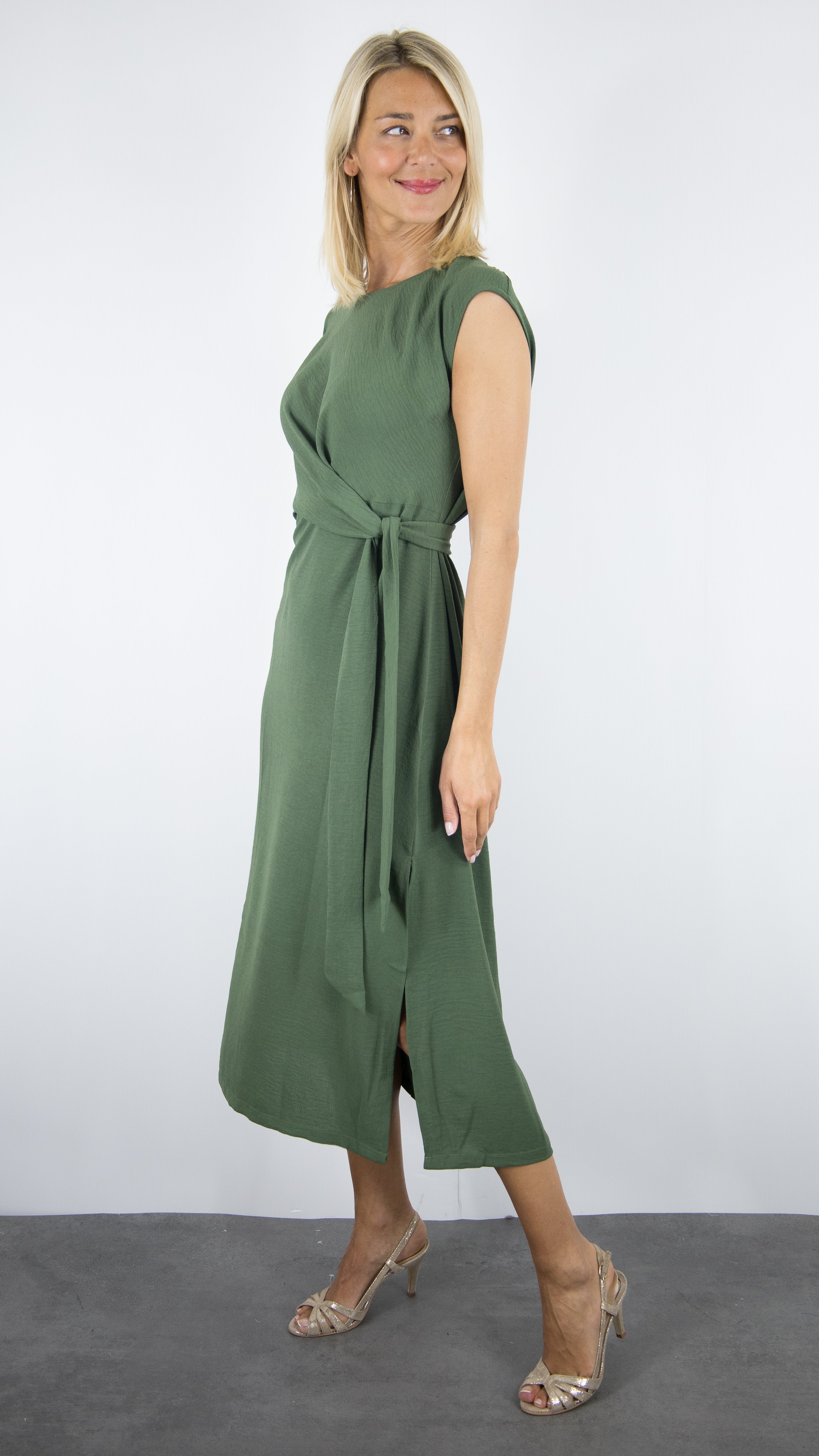 ROBE MIDI SANS MANCHES FLUIDE CROISEE POUR FEMME YCOO 10215#COLOR_KAKI