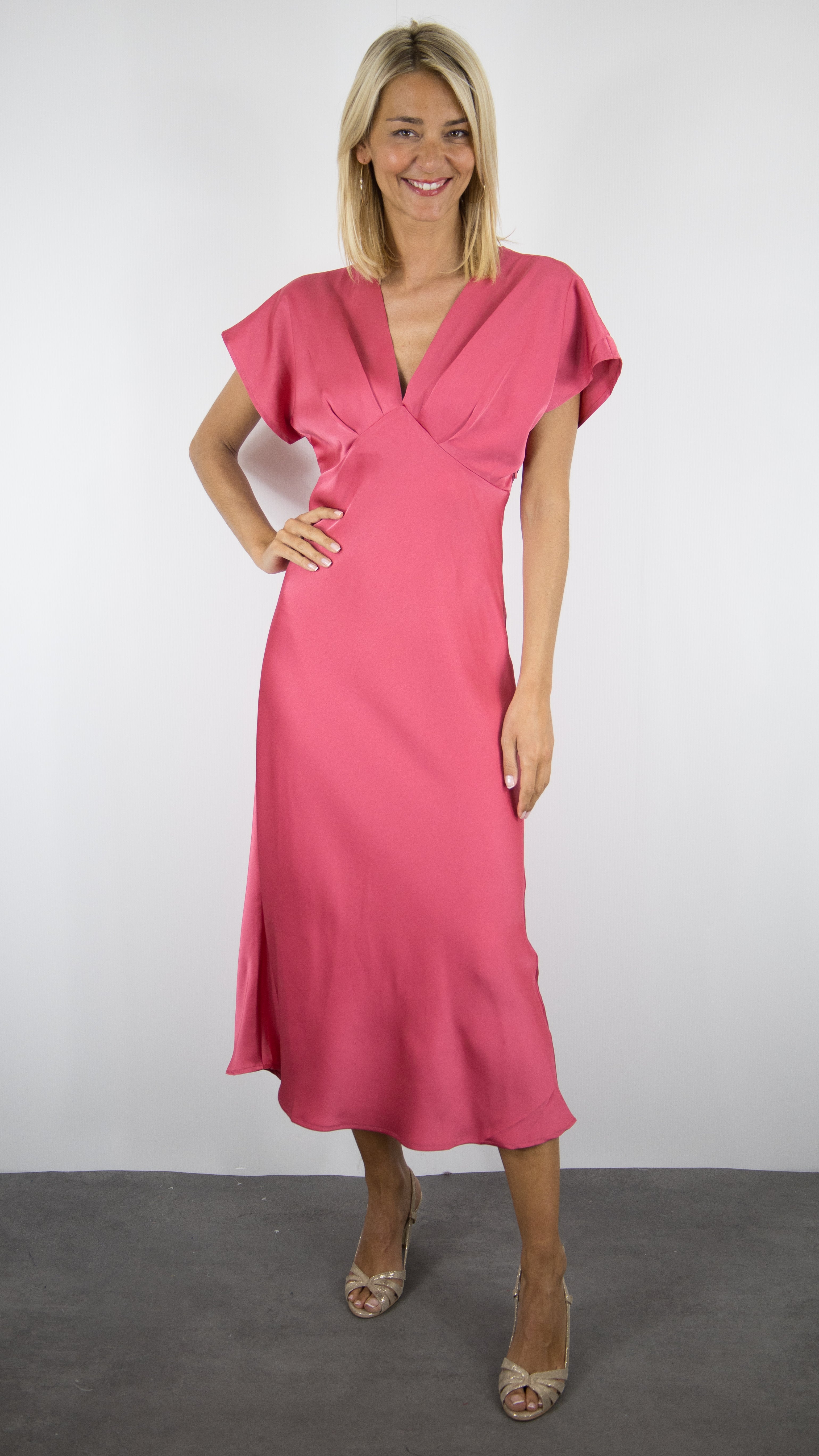 ROBE LONGUE SATINEE COL V LONGUEUR MIDI BOIS DE ROSE YCOO 10420