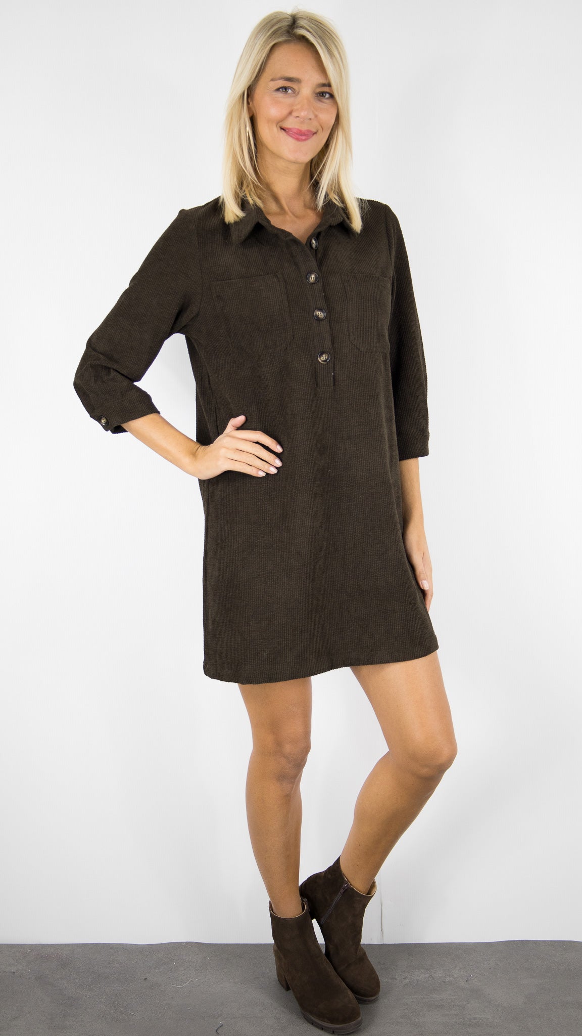 ROBE CHEMISE EN VELOURS YCOO 10485B#COLOR_CHOCO