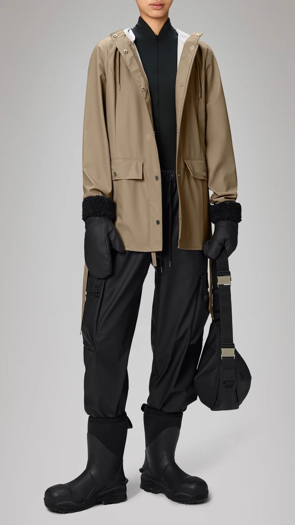 PARKA A CAPUCHE COURTE ET CEINTUREE BEIGE RAINS 12100/CURVE JACKET WEB