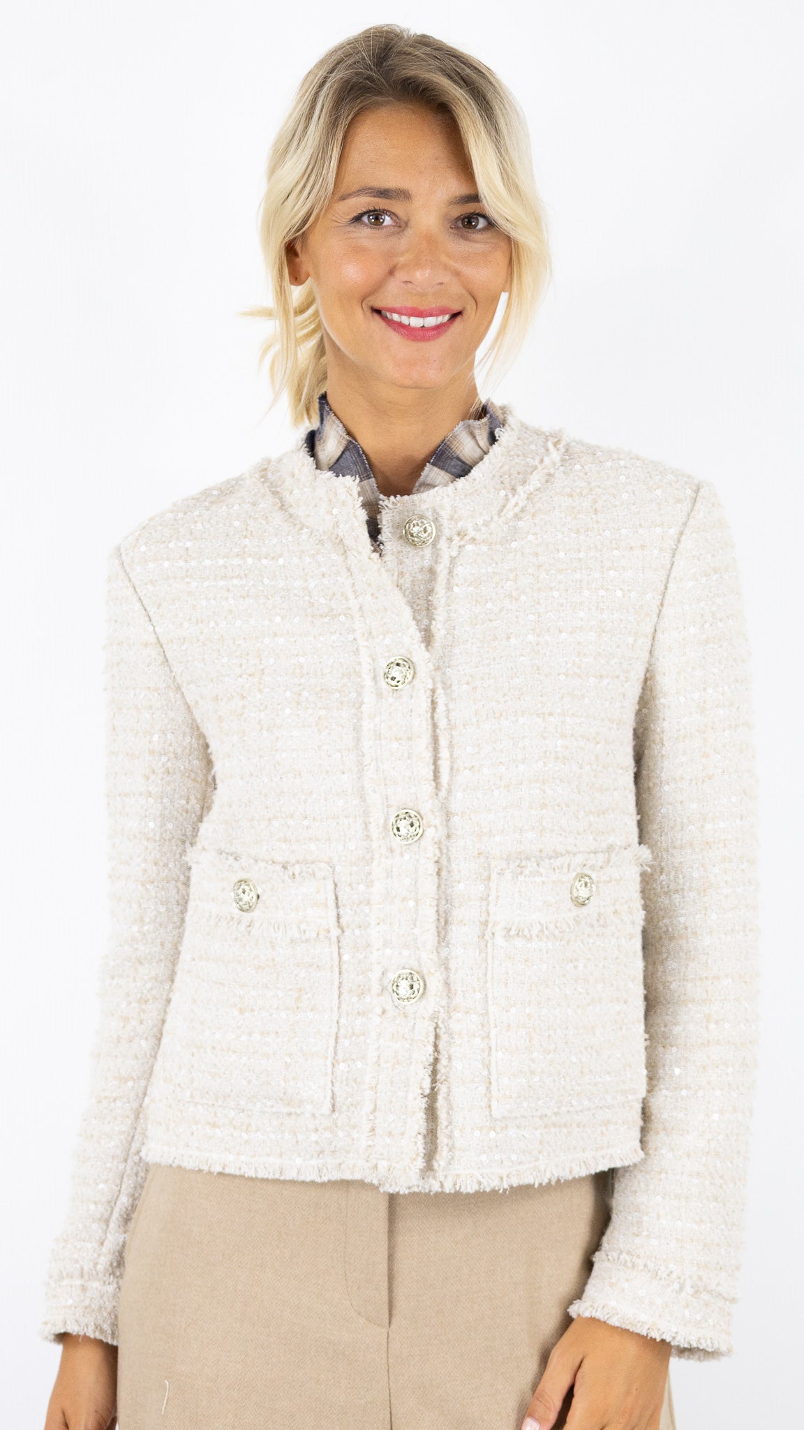 VESTE COURTE RAS DE COU BOUCLETTE ROFA 133315 1250#COLOR_200/ECRU
