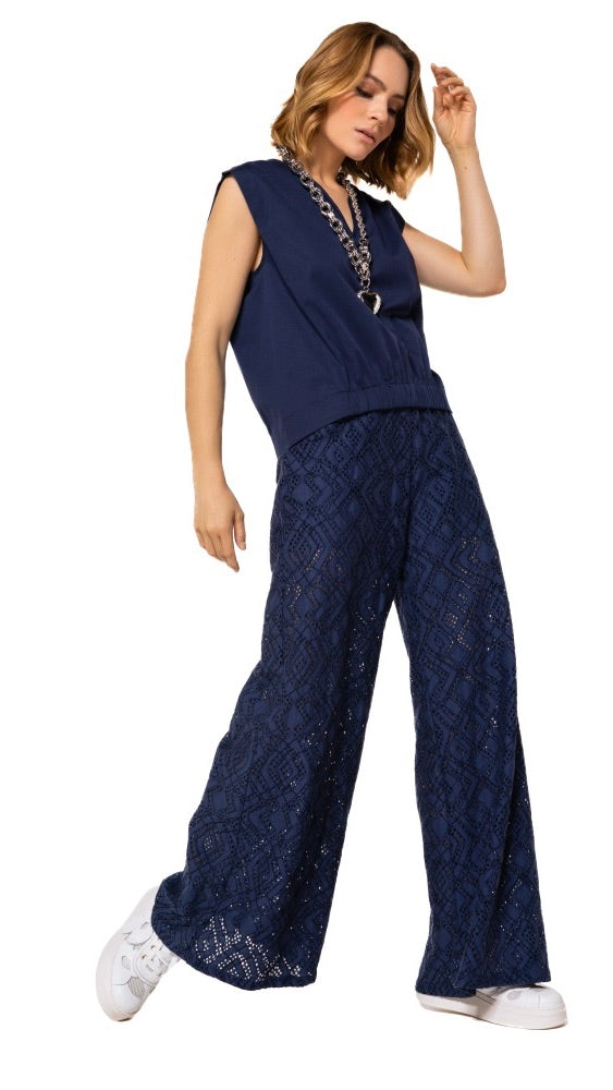 PANTALON LARGE EN DENTELLE BLEU INDIGO CAROLINE BISS 1554