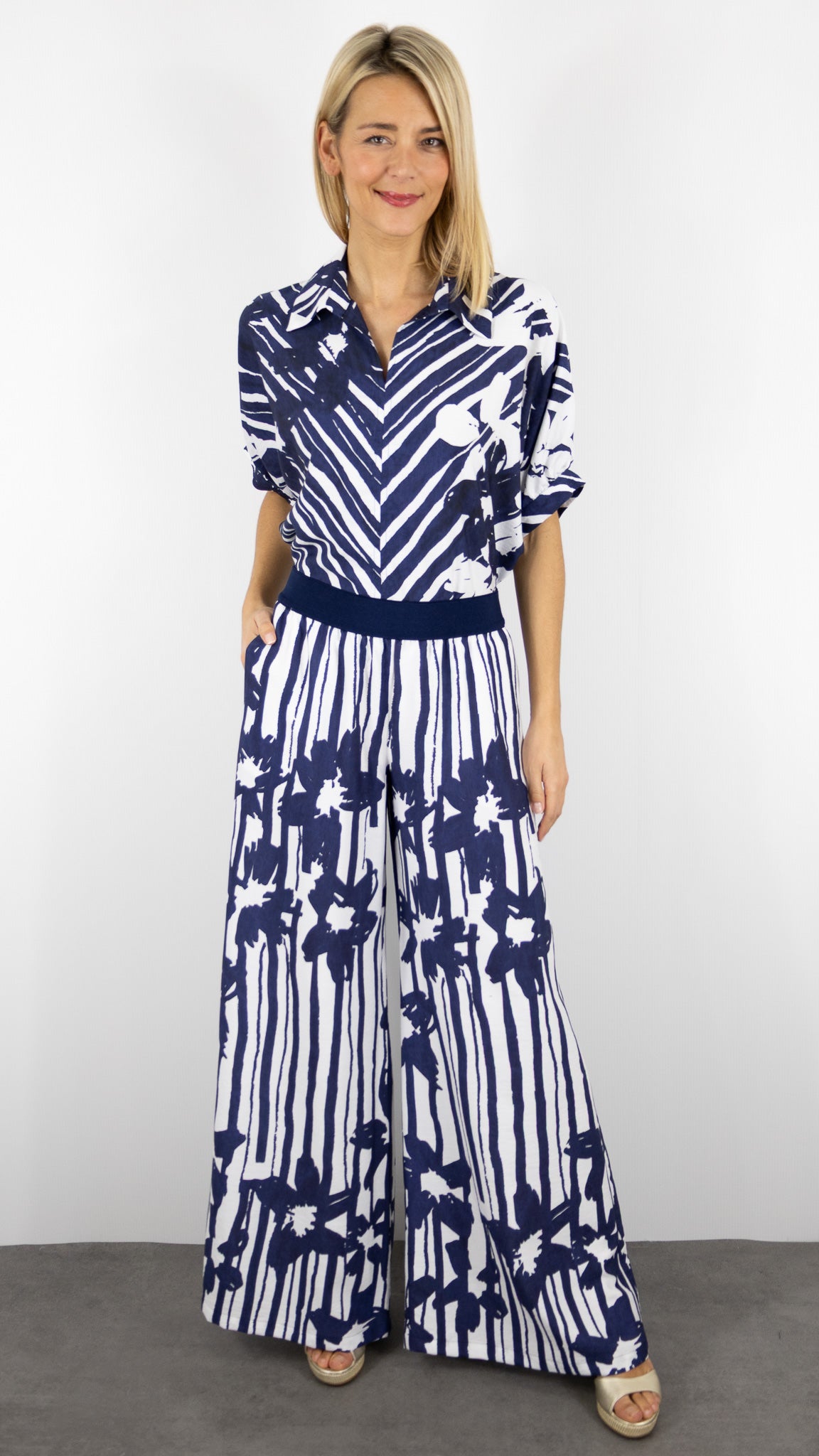 PANTALON LARGE FLUIDE MARINE BLANC CAROLINE BISS 1574