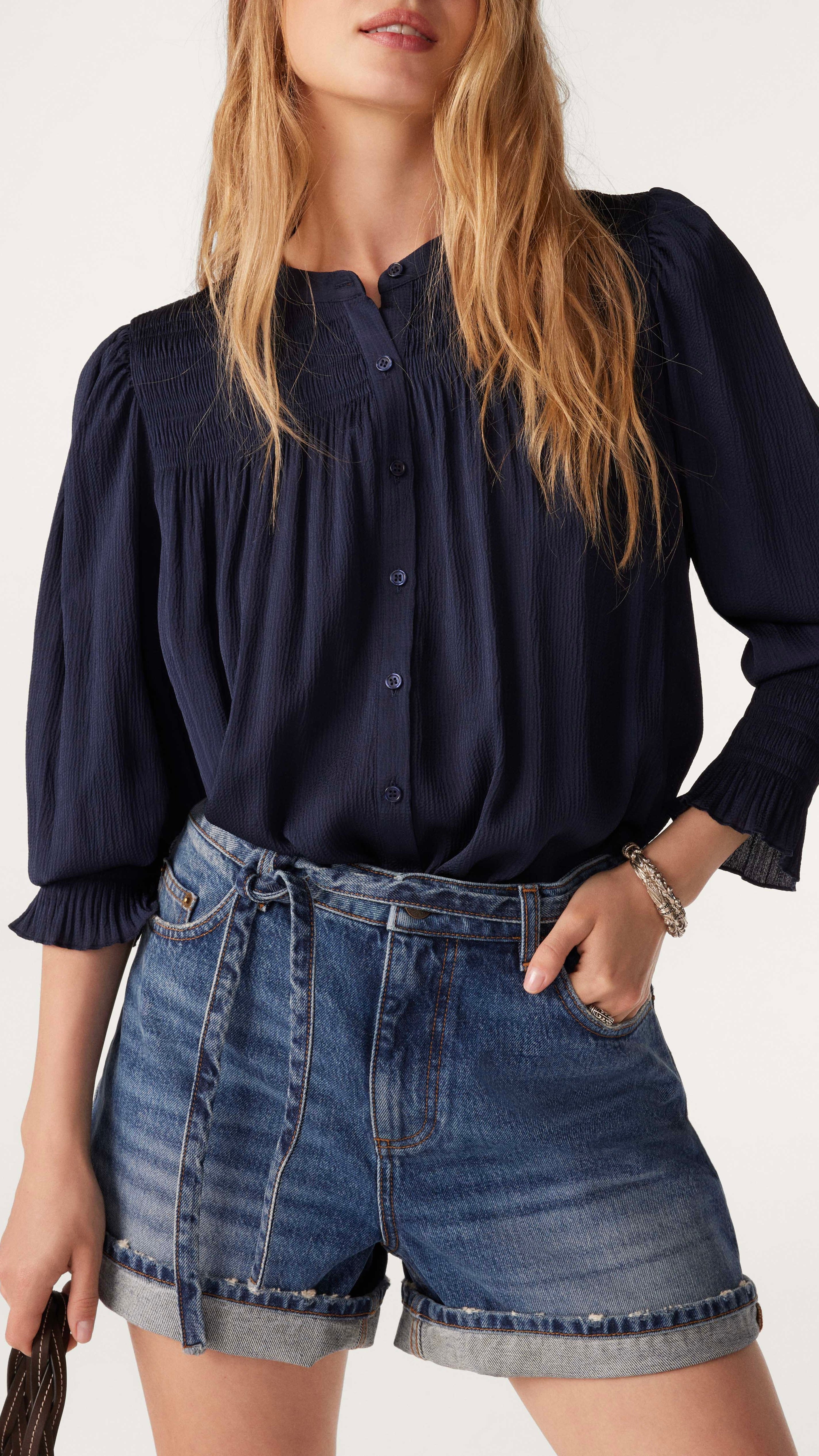 BLOUSE SMOCKES PLISSEE BASH KRIZI BLEU NUIT