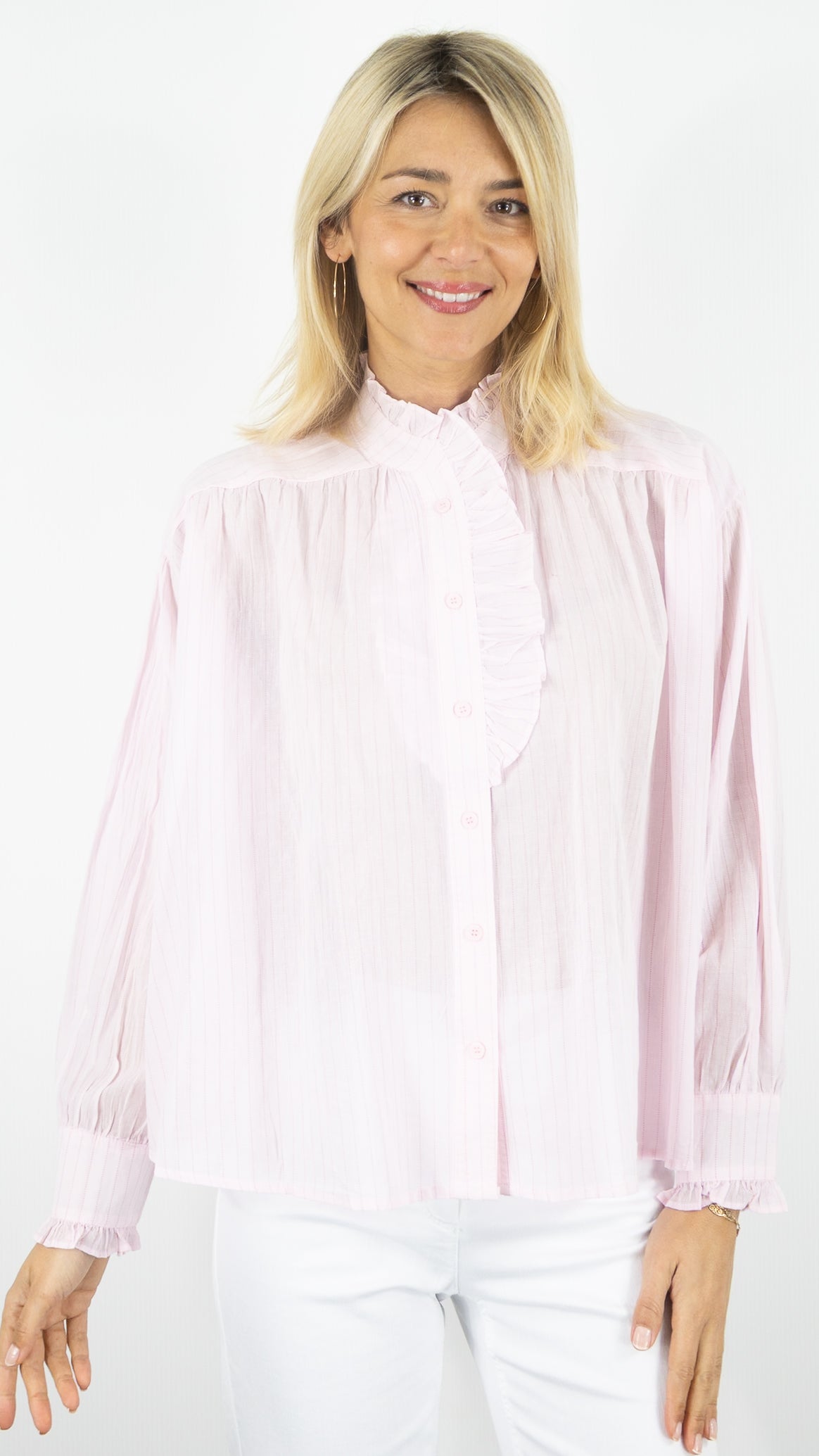 Blouse Vous rayé col vola #COLOR_rose