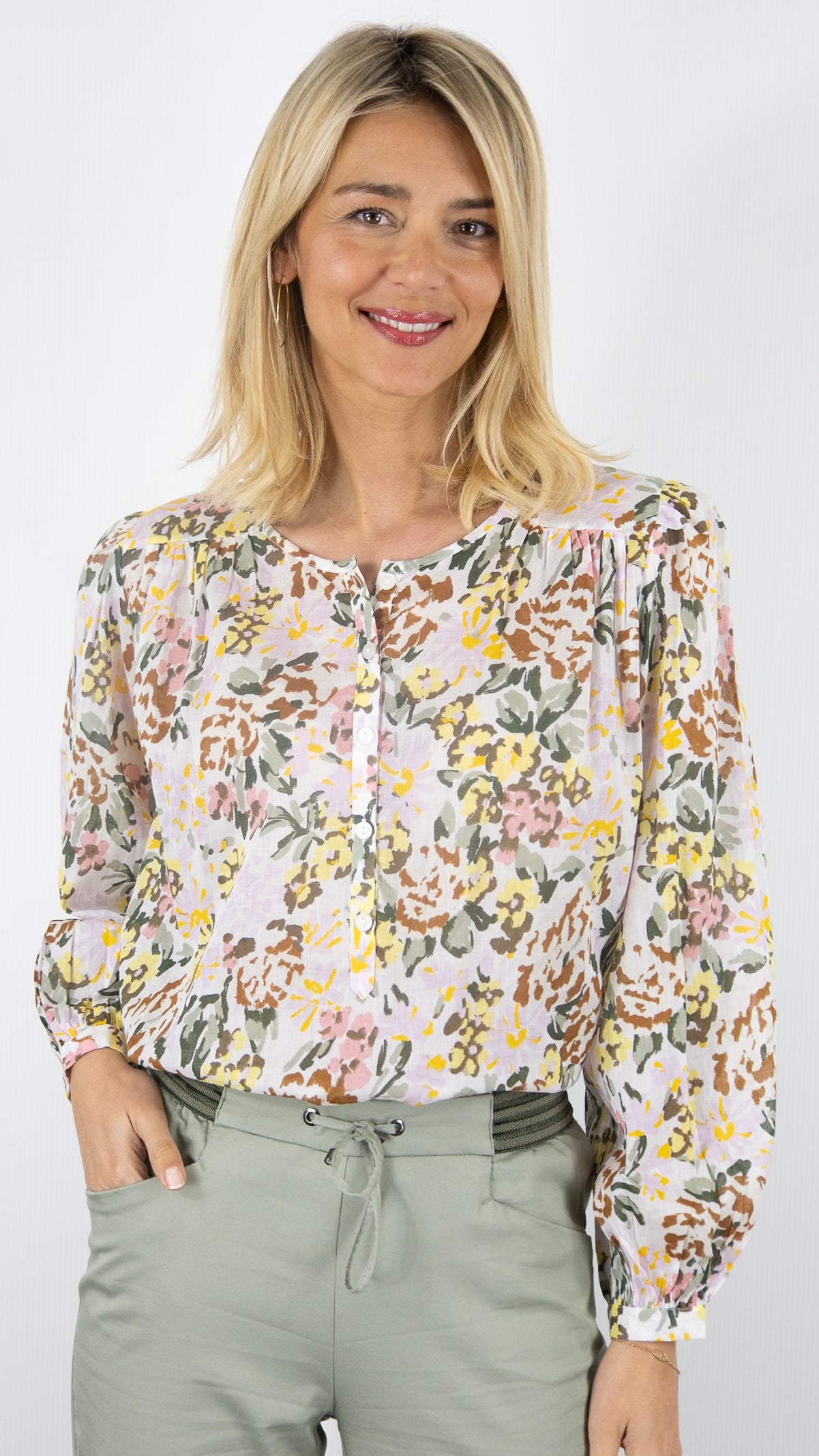 BLOUSE IMPRIME FLEURI EN COTON KAKI ROSE DES PETITS HAUTS ROXANE