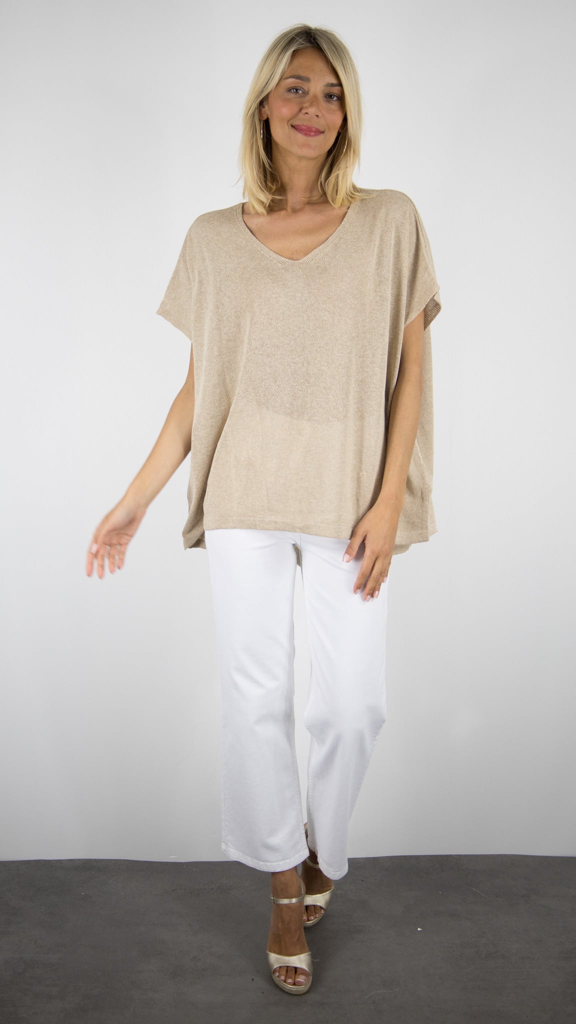 TEE COL V AMPLE SANS MANCHES POUR FEMME SHIRT NAIS 21468#COLOR_BEIGE