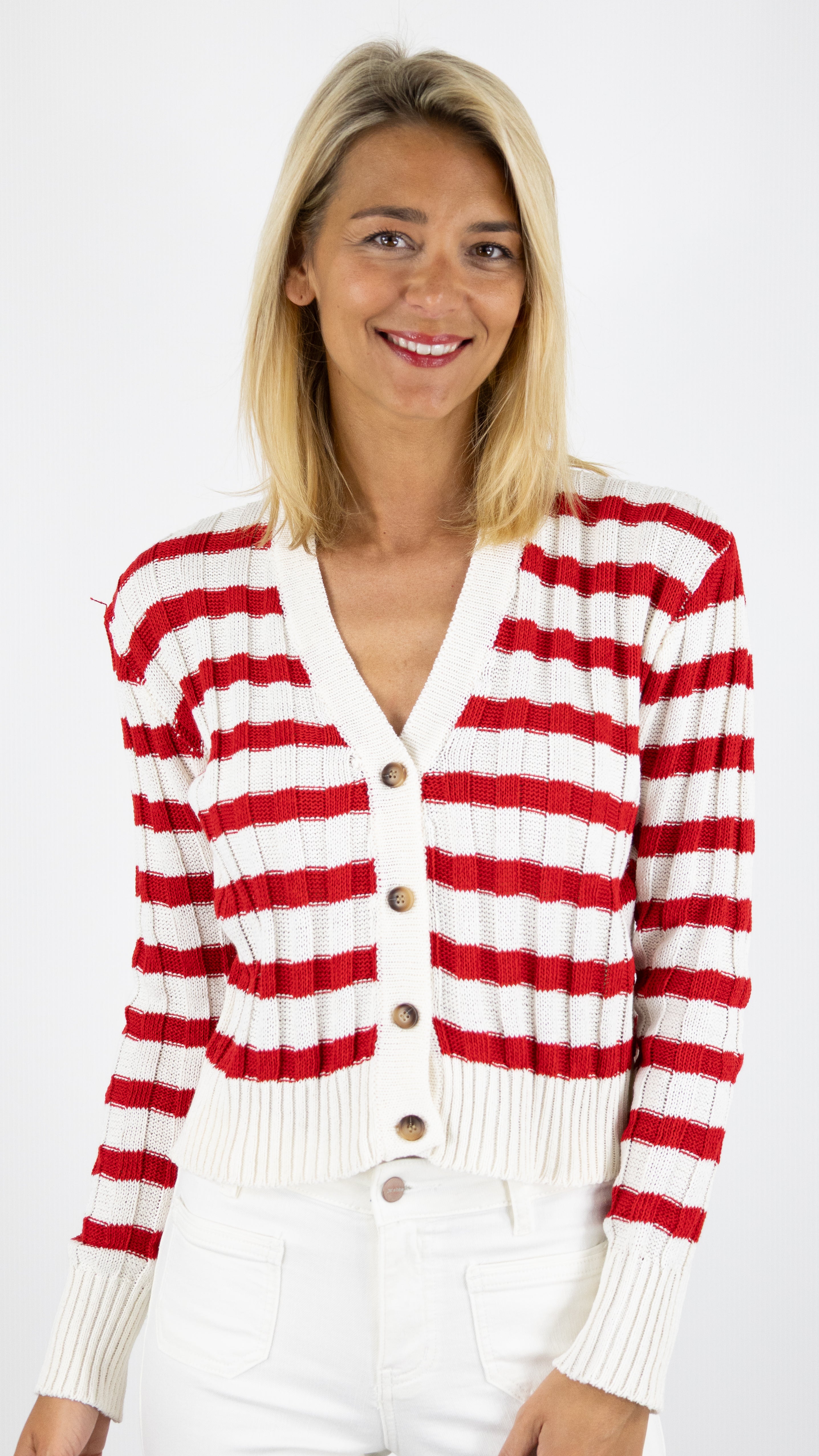 GILET V MARINIERE BEIGE rougeSTUDIO PARISIEN 21170#color_BEIGE/ROUGE